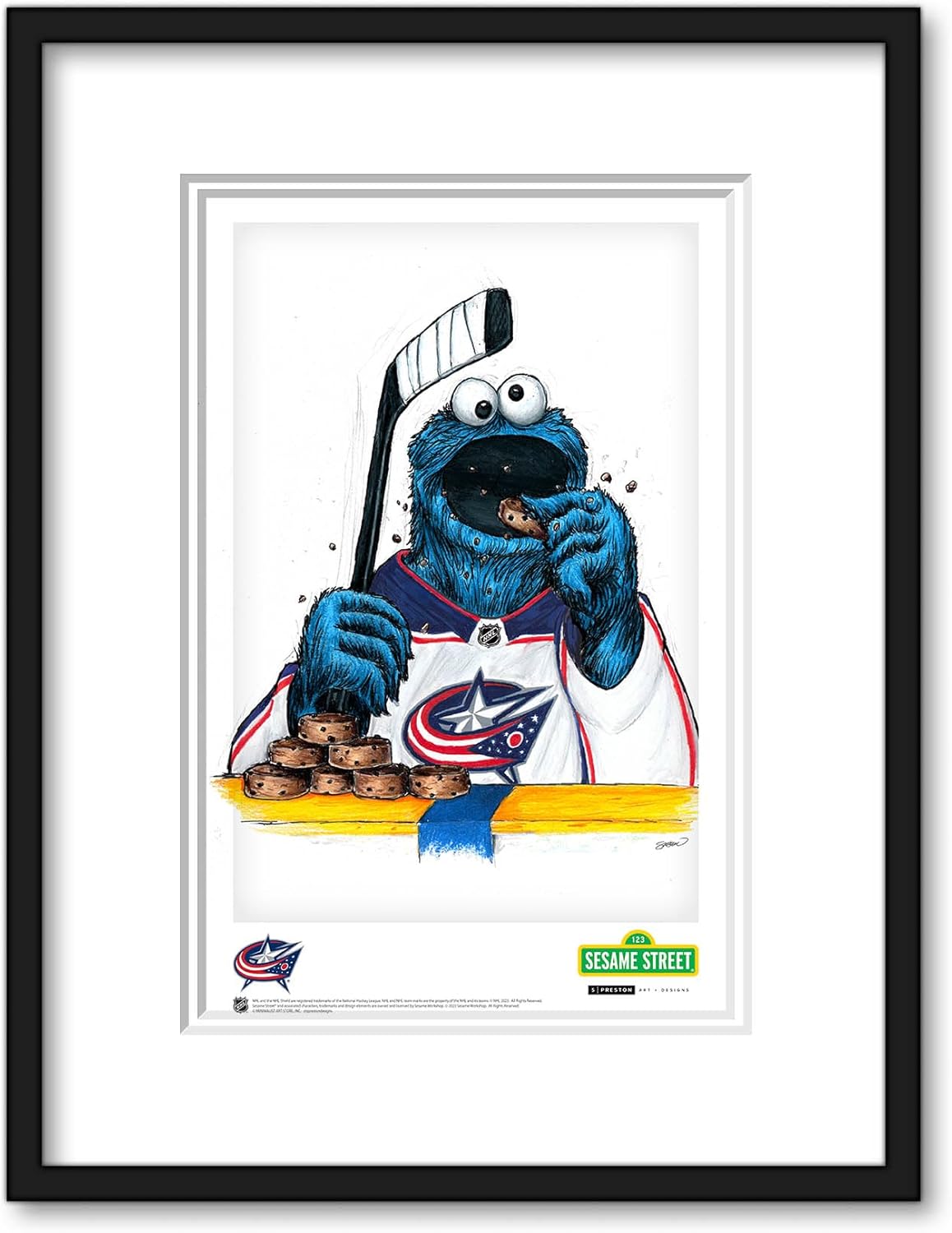 Columbus Blue Jackets Cookie Monster NHL Looney Tunes Art Poster Print by S. Preston - Living Room Home Wall Decor, 11" x 17" Unframed Artwork