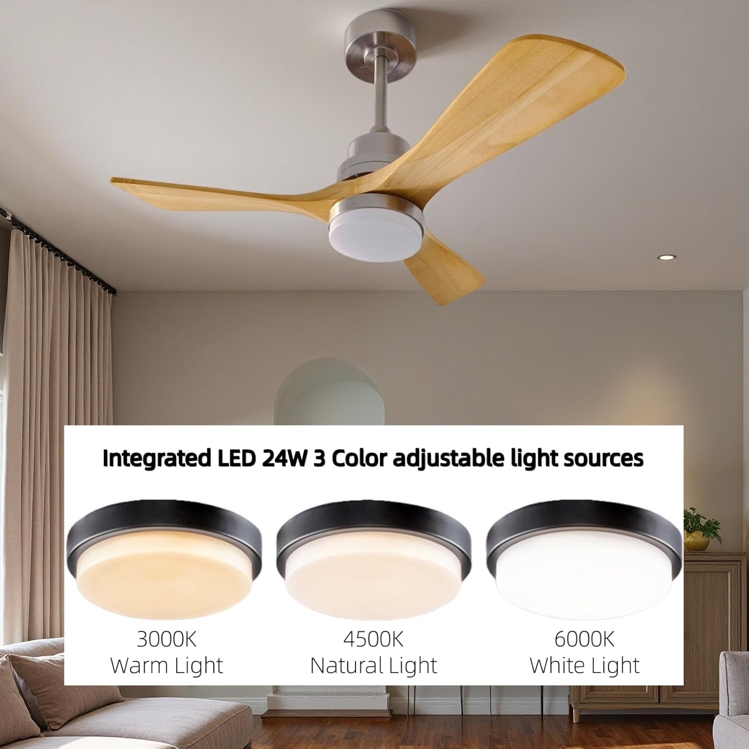 36 Inch Wooden Ceiling Fan with Light, Solid Wood Blades & LED Lighting, 6-Speed Reversible Motor, Remote Control, Quiet Indoor Ceiling Fan for Bedroom, Living Room, Kitchen - Natural Wood