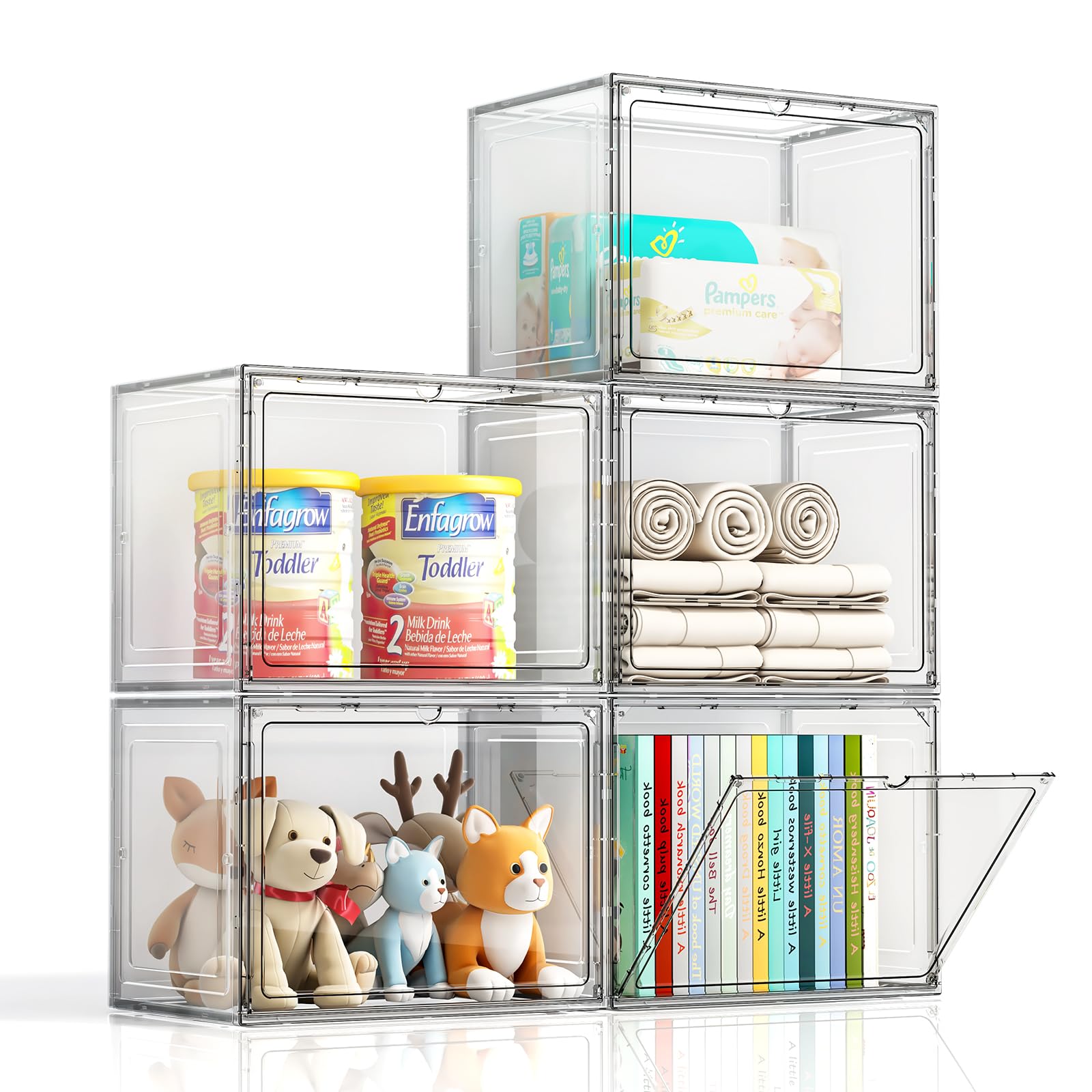 MSHOMELY Display Case for Collectibles, 5 Packs Clear Display Box Magnetic Door, Stackable Storage Bins, Clear Miniature Display Case for Collectibles, Doll, Action Figures, Craft, Books, Snack