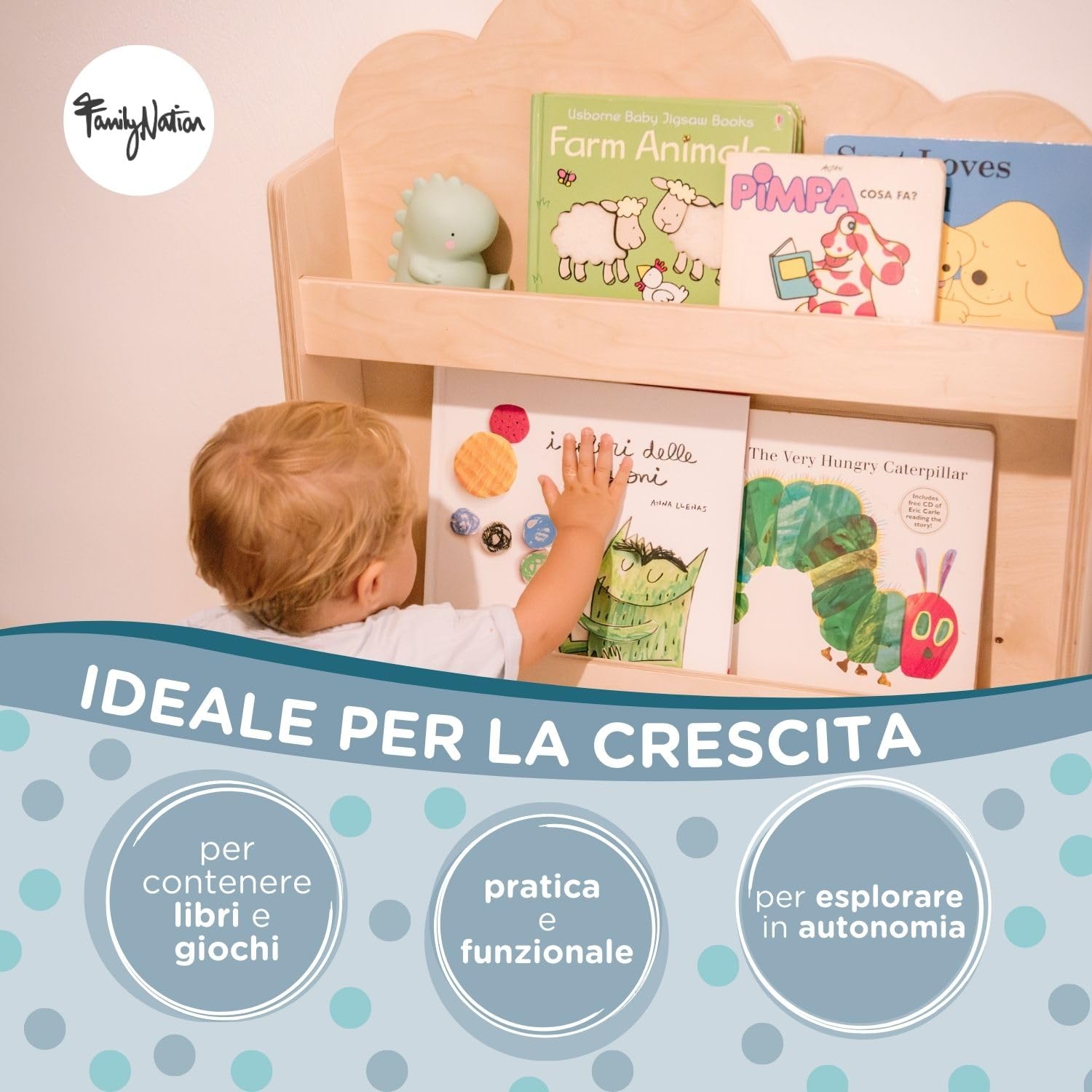 Family Nation, Libreria Frontale Montessoriana Cloud per Bambini, Ideale per Contenere e Organizzare Libri, Solida Struttura in Legno, Natural, 95x60x12,5cm