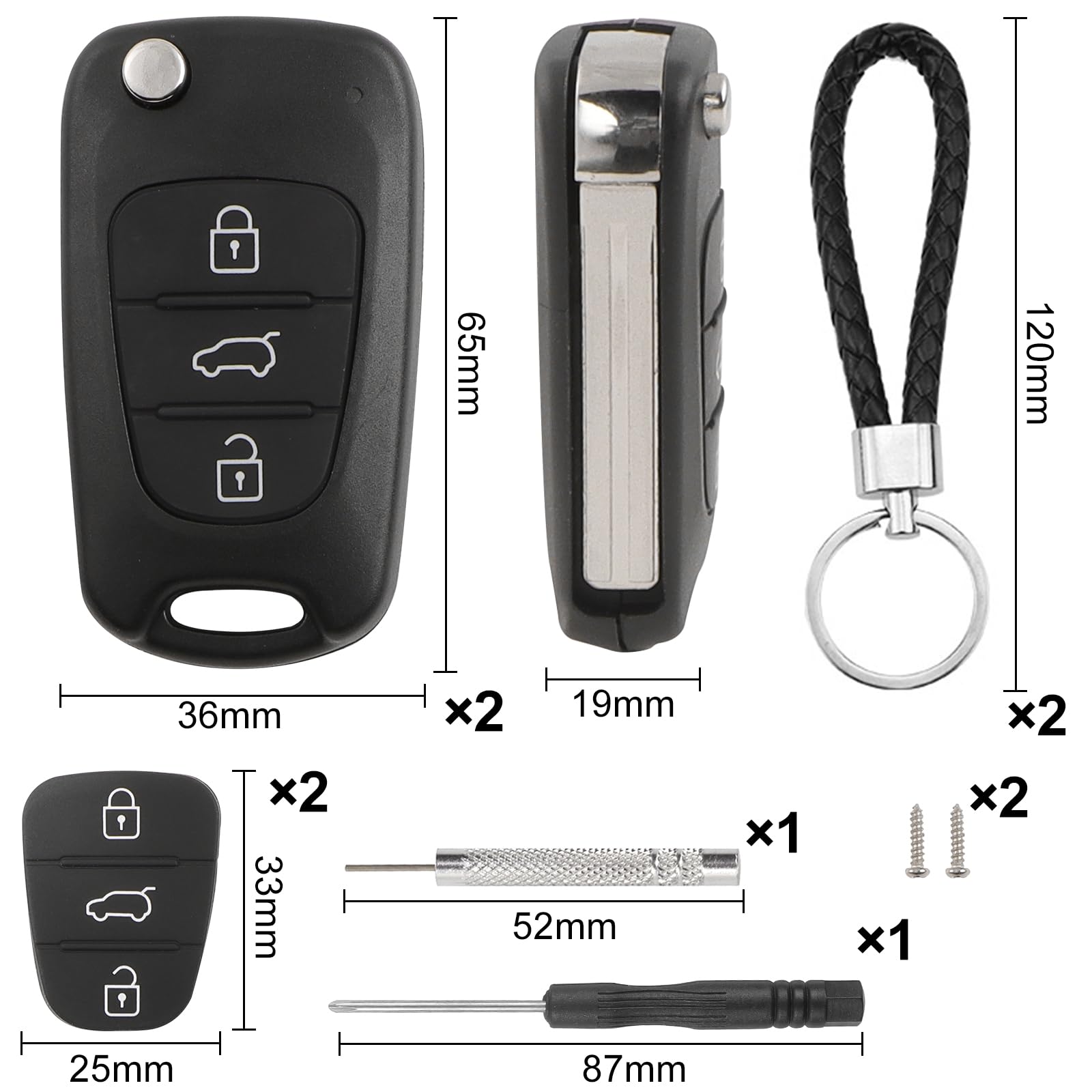 2 sztuki etui na kluczyki samochodowe z 3 przyciskami, zestaw przycisków kompatybilnych z Hyundai i10, i20, i30, ix20, ix35, Kia Sportage Ceed Soul Rio Picanto, pilot zdalnego sterowania, obudowa
