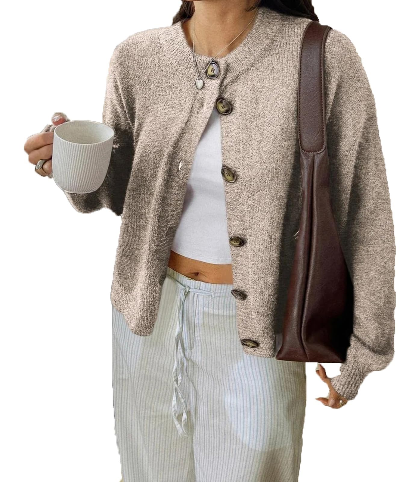 Womens Trendy 2025 Long Sleeve Knit Slim Fit Jacket Solid Colour Button Up Y2K Cardigan Sweaters Casual Outwear