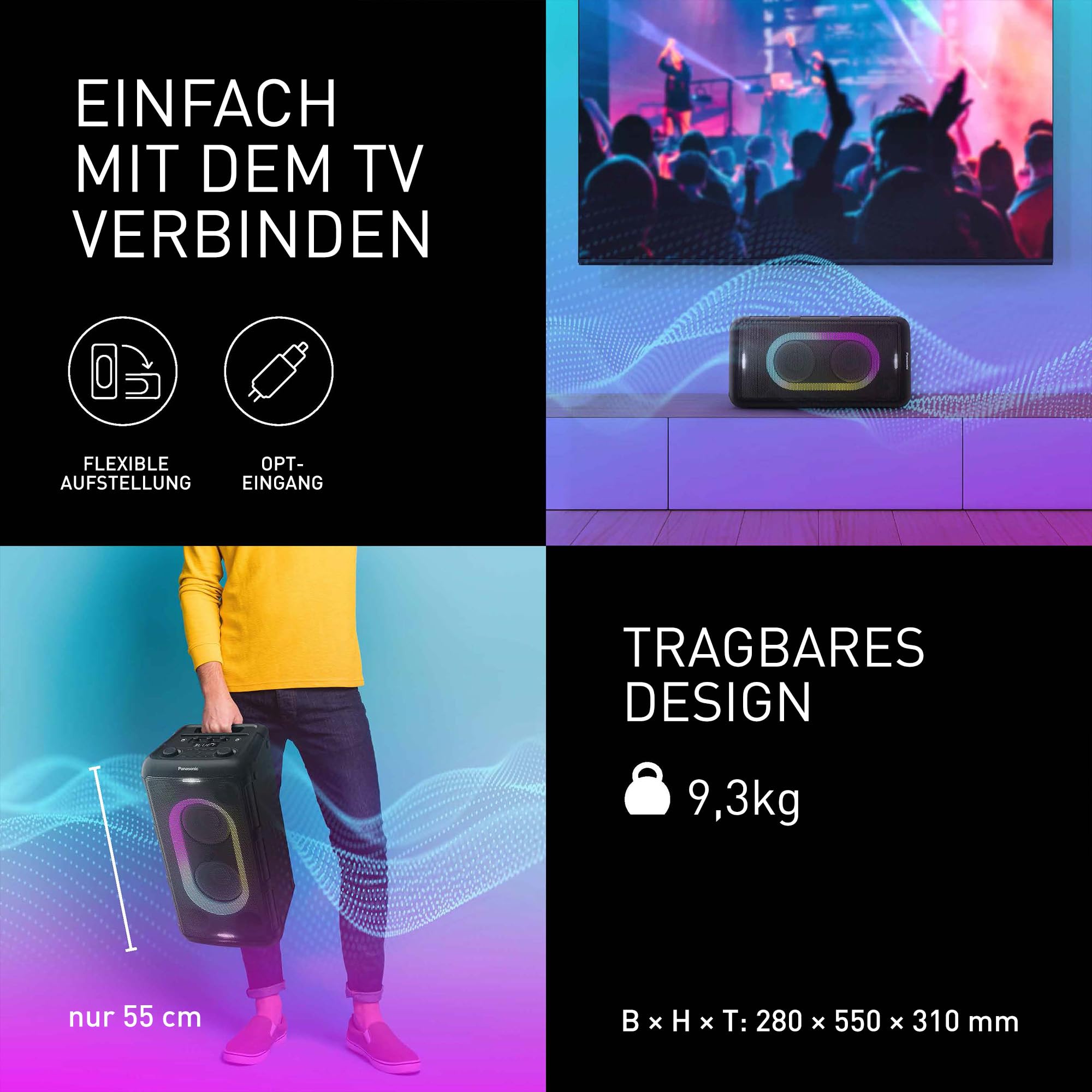 Panasonic SC-BMAX10E-K Tragbarer Party-Lautsprecher mit Bluetooth, integrierter Beleuchtung, 150 W, USB, optischem Eingang für TV, Gitarren- & Mikrofoneingängen für Karaoke, Schwarz