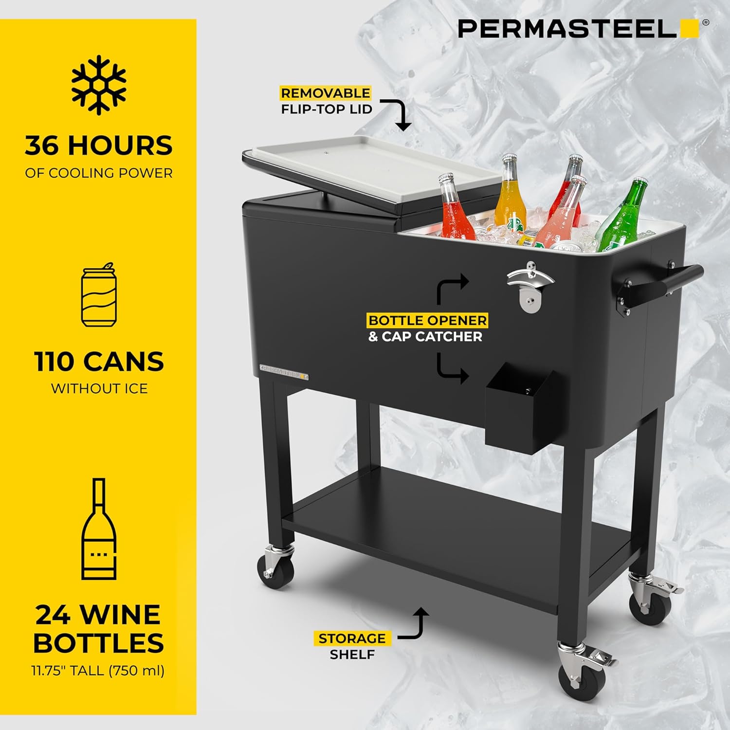 Permasteel Party Cooler with Divider, Removable Basin, Spacious 80-Qt Capacity, Chills 36hrs, Serving Tray, Rolling Ice Chest for Indoor & Outdoor