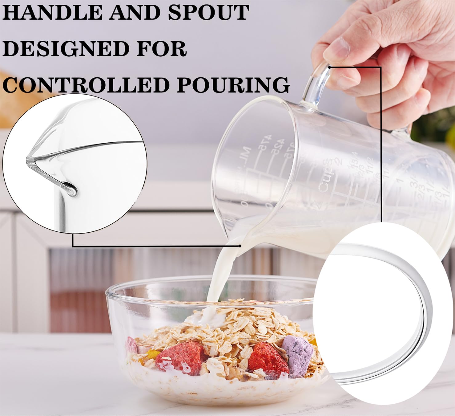 Taza medidora de vidrio graduado grabado, mango aislado, boquilla en forma de V, taza medidora de vidrio de borosilicato alto para cocina o comedor, fácil de leer, 500 ml (16 onzas, 2 tazas)