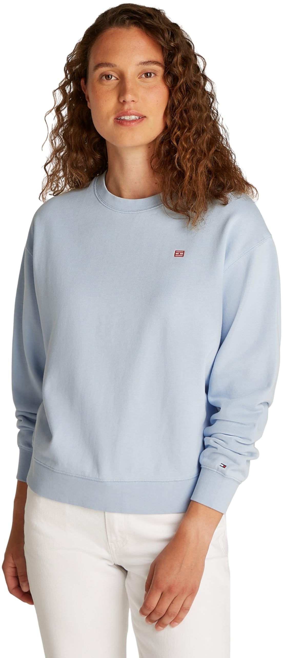 Tommy Hilfiger Women’s Contrast Flag Regular Fit Sweatshirt, Blue (Breezy Blue), XXS