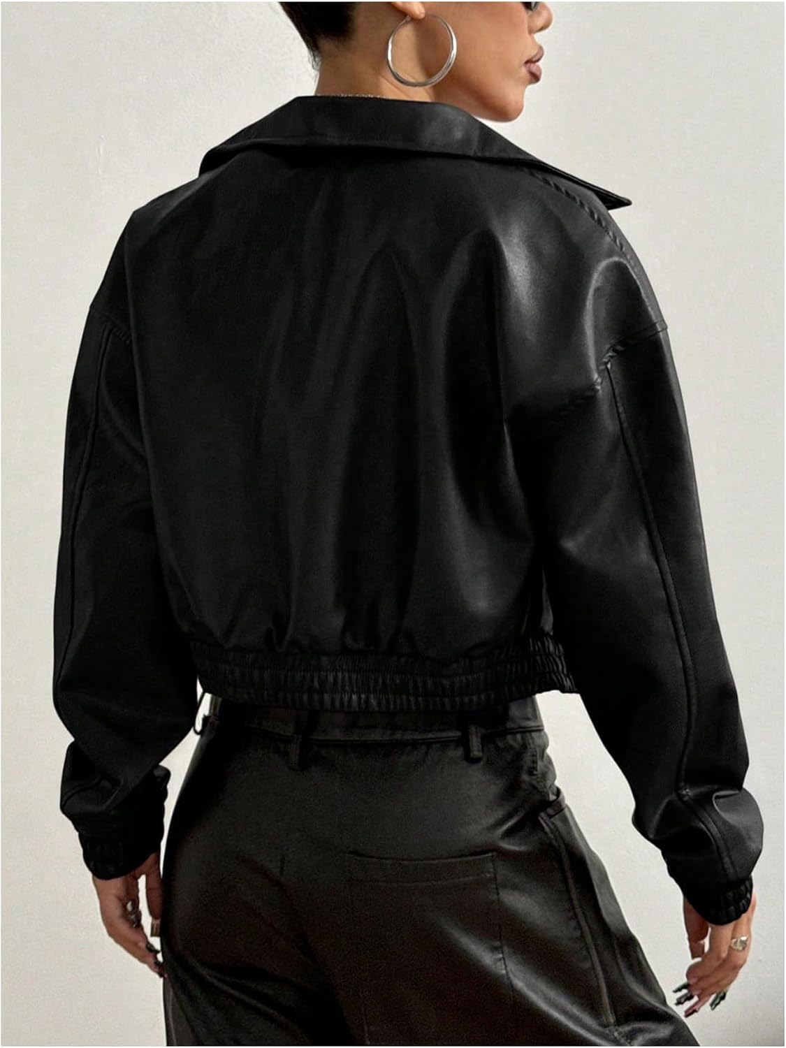 Women's Y2K Faux PU Leather Jacket Crop Zip Up Motorcycle Coat Long Sleeve Drop Shoulder Motor Bike Jacket Streetwear - Image 2