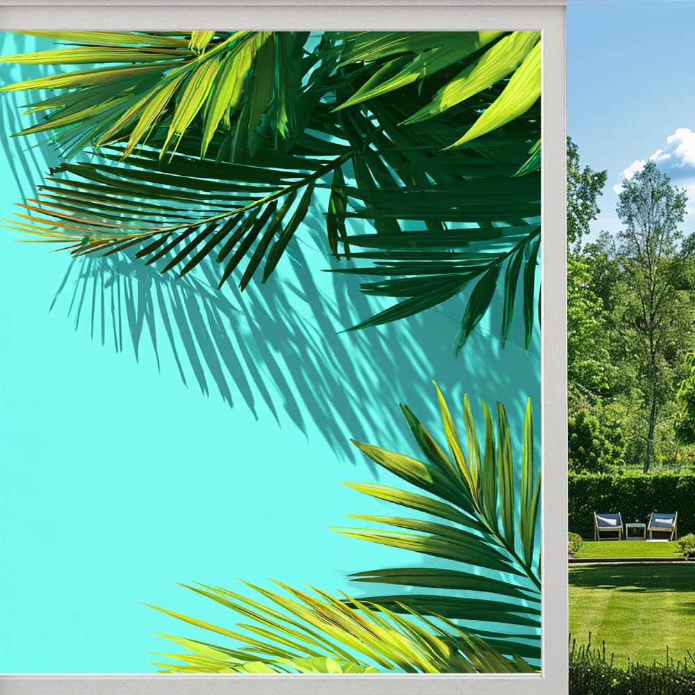 Rural Leaves Stained Glass Window Film, Green Palm Plants Tropical Peel and Stick Privacy Film, Frosted Adhesive Vinyl Decorative for Bathroom Windows Glass Doors, （50x80cm）