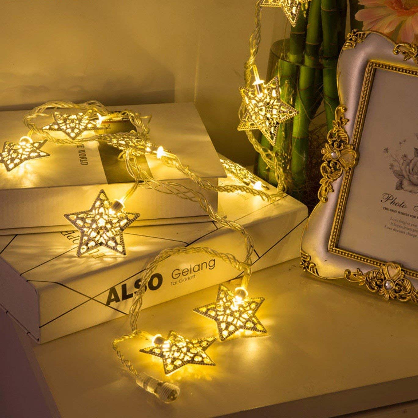 Rayo Metal Golden Star LED Hanging Light for Festivals -Warm White