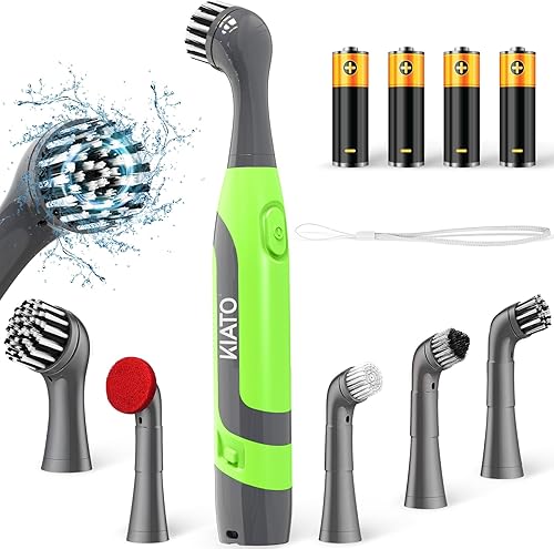 Kiato SS03 - Cepillo de limpieza eléctrico, limpiador a batería con 4 pilas AA, pequeño cepillo eléctrico para lechada y 5 cepillos de repuesto,