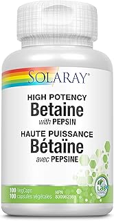 SOLARAY – Betaine HCI with Pepsin, 650mg | High Potency with Pepsin | Digestive Health | Dietary Supplement | Non-GMO, Vegan, Lab Verified | 100 Vegetarian Capsules
