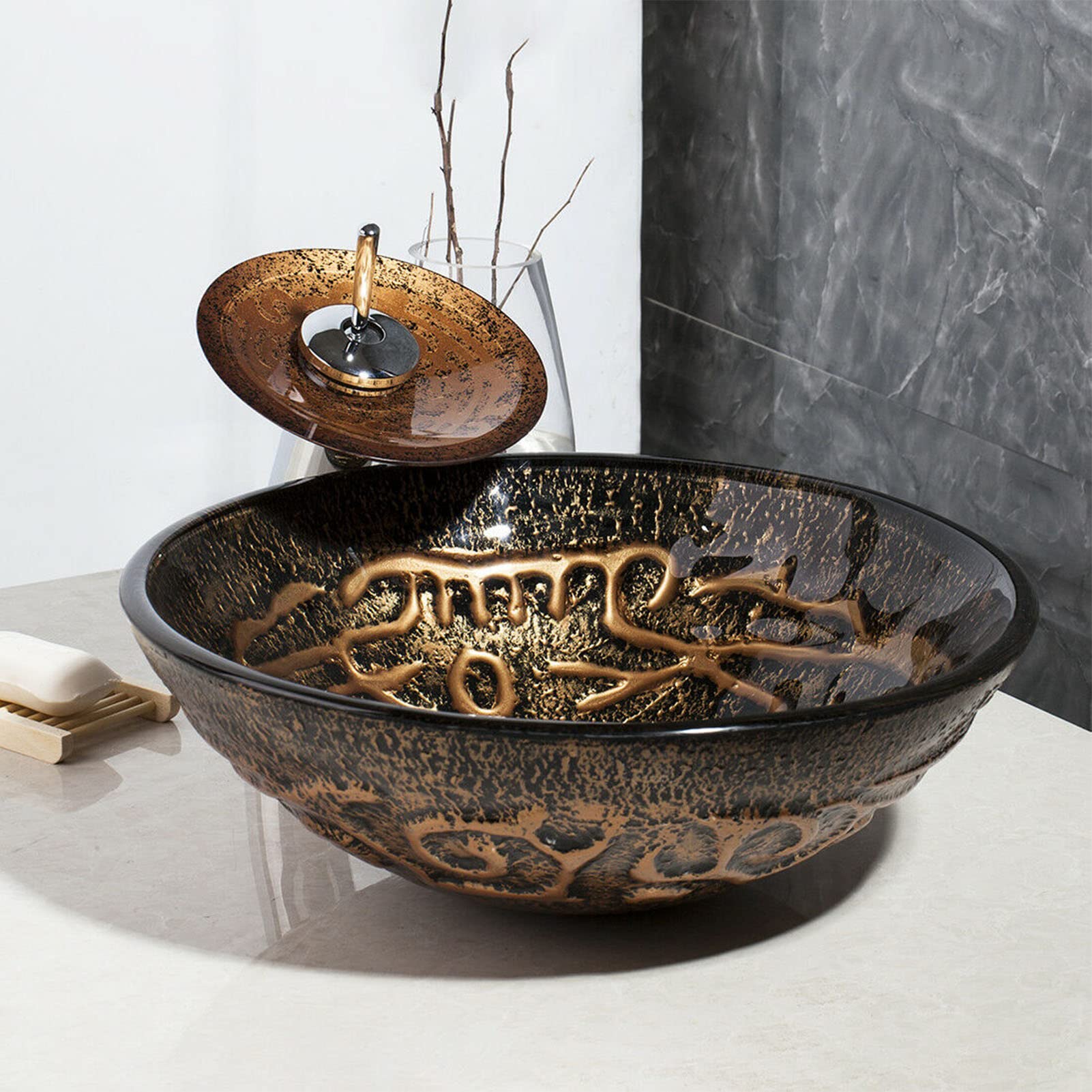 Lavandino rotondo in vetro dipinto a mano con rubinetto a cascata e scarico pop up per bagno vanità, design artistico sopra il bancone