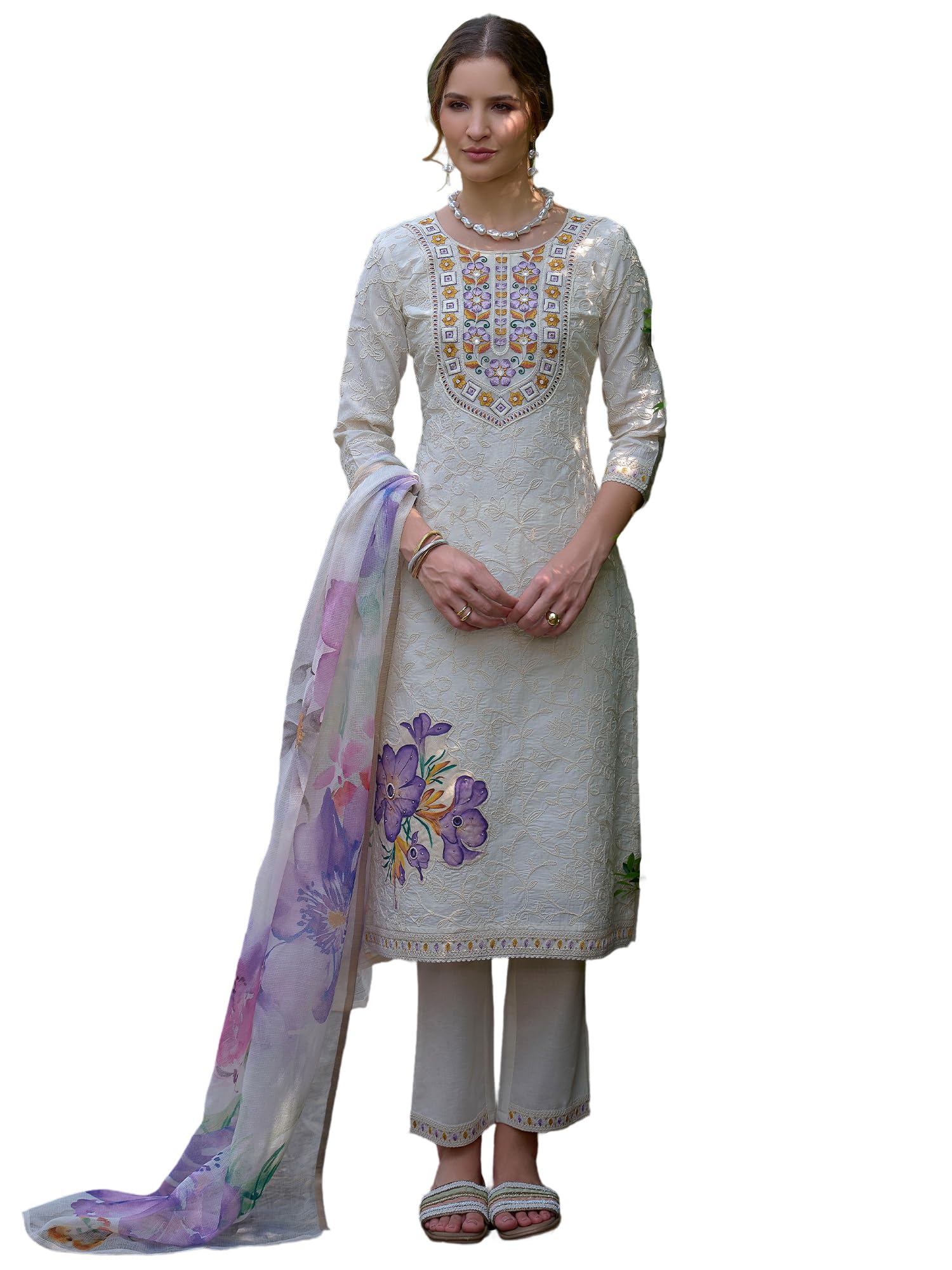 indo era Women's Pure Cotton Floral Embroidered Thread Work Kurta & Pant with Dupatta Set (IEOUT13228)-picture-29
