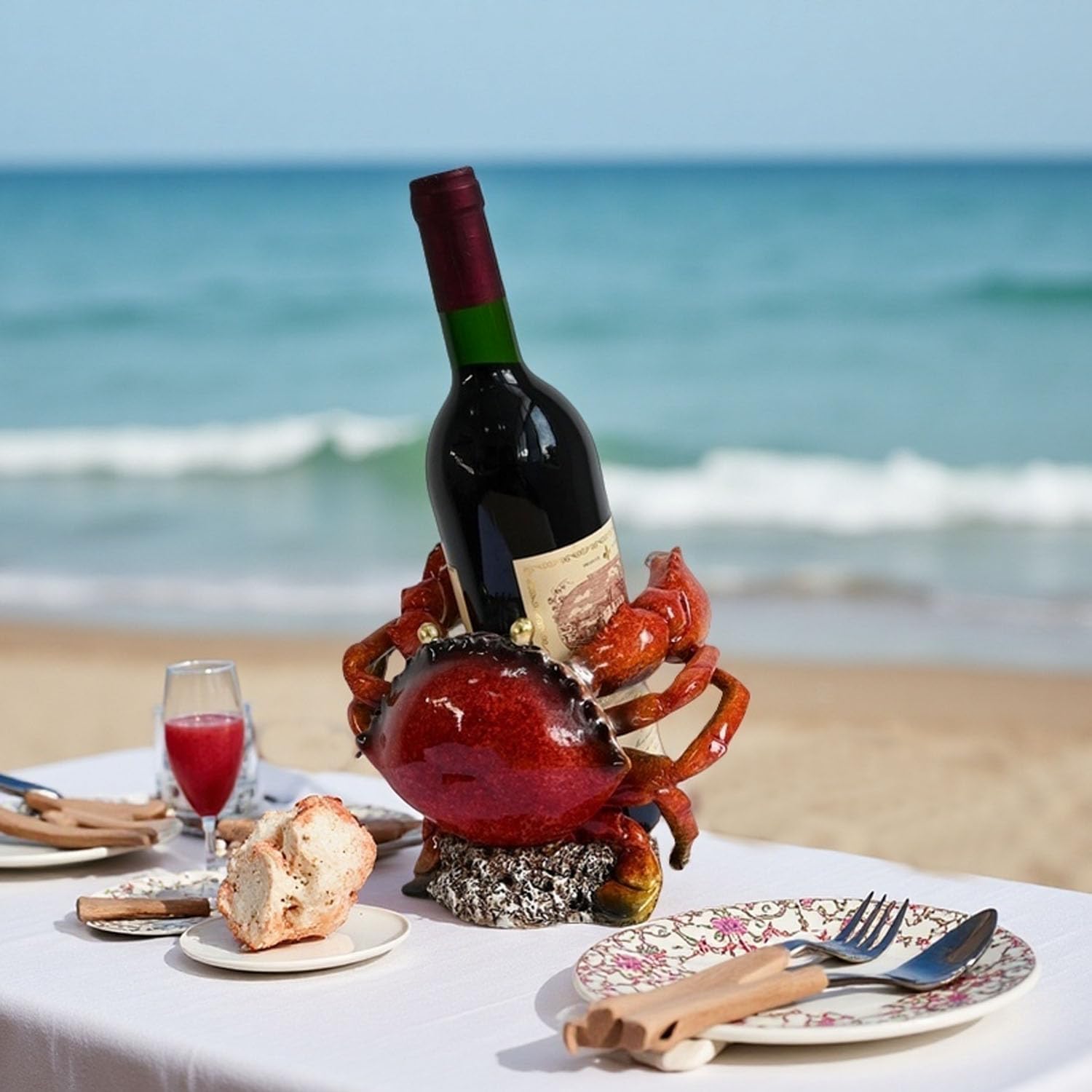 Juliahestia Beach Themed Tabletop Wine Rack: Coastal Nautical Decor for Home Party Bedroom - Crab Wine Bottle Holder for Kitchen Beachy Rooms Table Shelf Cabinet Ocean Sea House Decorations Red Crab