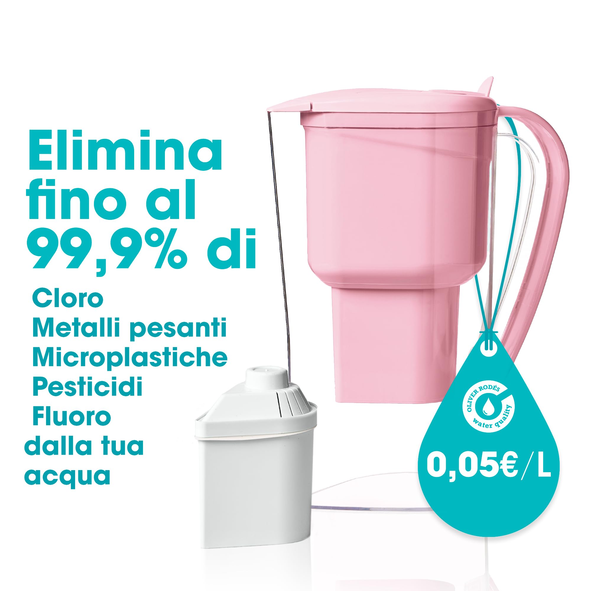 ALKANATUR Caraffa filtrante acqua Alkanatur Drops Rosa | Idrogena + ionizza + apporta magnesio | Elimina cloro + metalli + batteri | Normativa UNE 149101:2015 | Capacità 1.4L senza sostanze tossiche