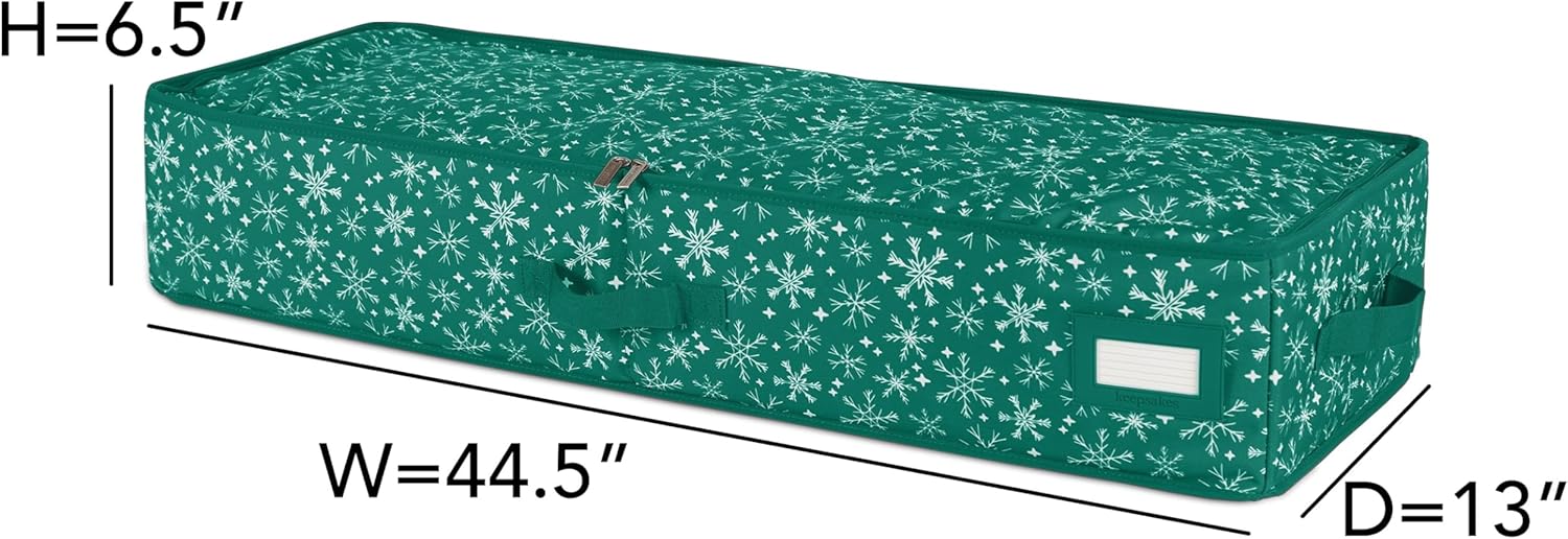 Covermates Keepsakes Gift Wrap Storage Organizer – Heavy-Duty Polyester with Buckle Straps & Interior Pockets – Holds Up to 15 Rolls of Gift Wrap with Handles & Label Window, Green Snowflake