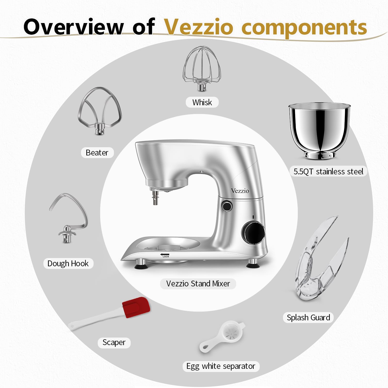 Vezzio Batidora 1500W con Tazón 5.5QT Acero Inoxidable, 10 Velocidades, Gancho/Batidor/Protector, Apt. Lavavajillas para Repostería Casera y Profesional (Plata)