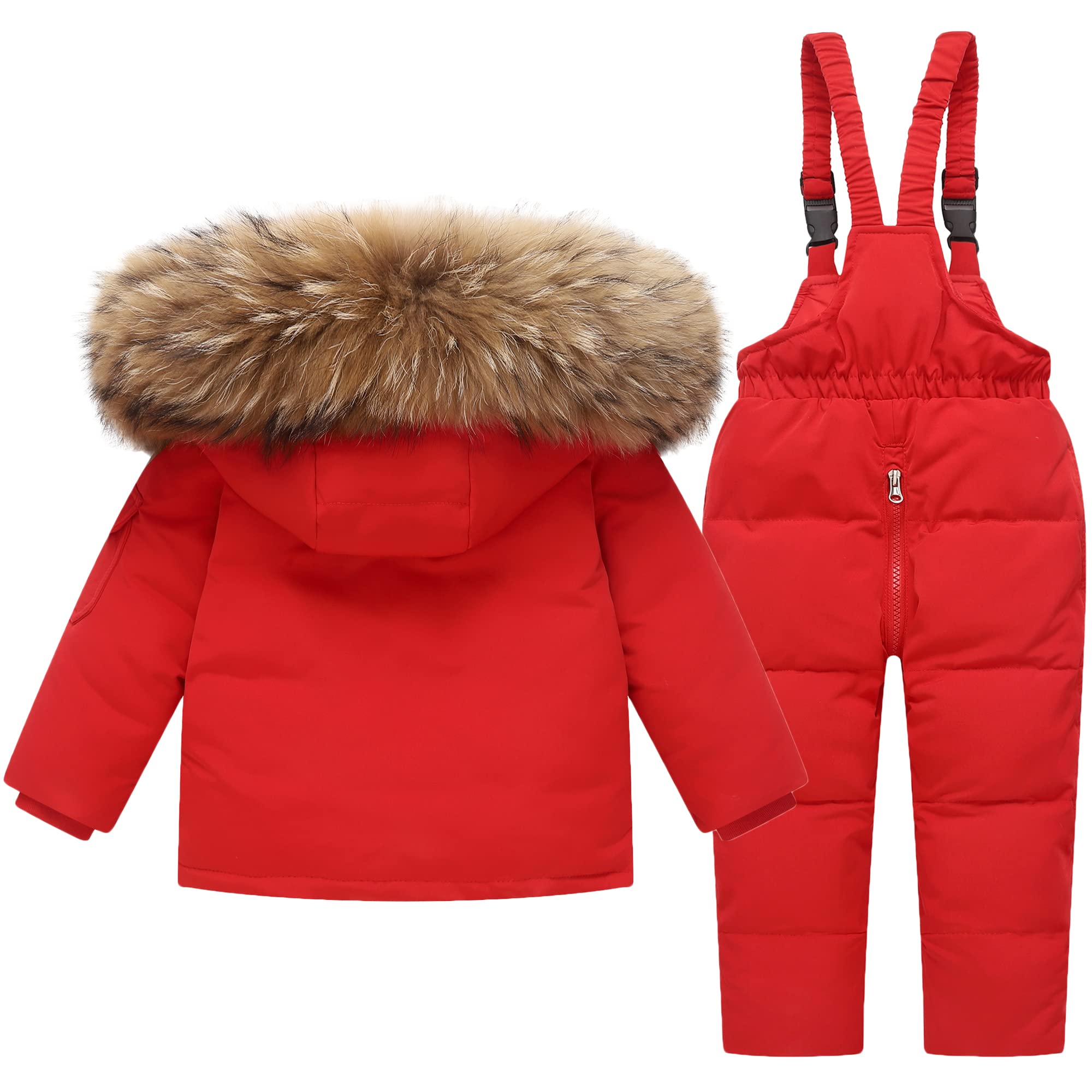 Baby Skianzüge Mädchen Jungen 2 Stück Schneeanzug Verdickte Winterjacke mit Künstliches Fell Kaputze + Daunenjacke Skihose Daunenhose Kinderskianzug, 18-24 Monate