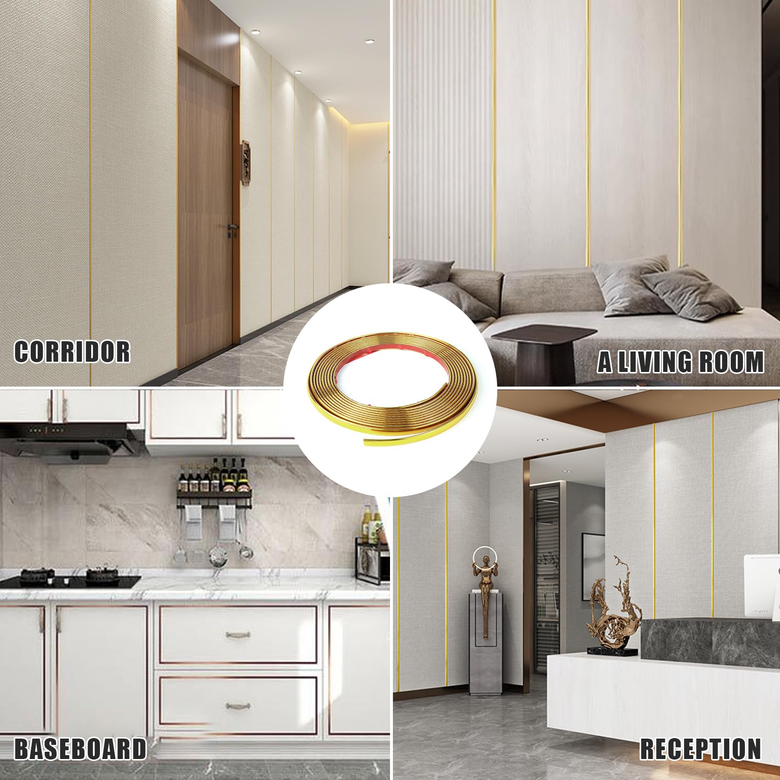 Modanatura Adesiva Per Pareti, Striscia Flessibile Per Modanatura, Modanature Autoadesive Per Pareti, Soffitti, Pavimenti, Decorazioni Per La Casa, Oro (10m X 9mm)
