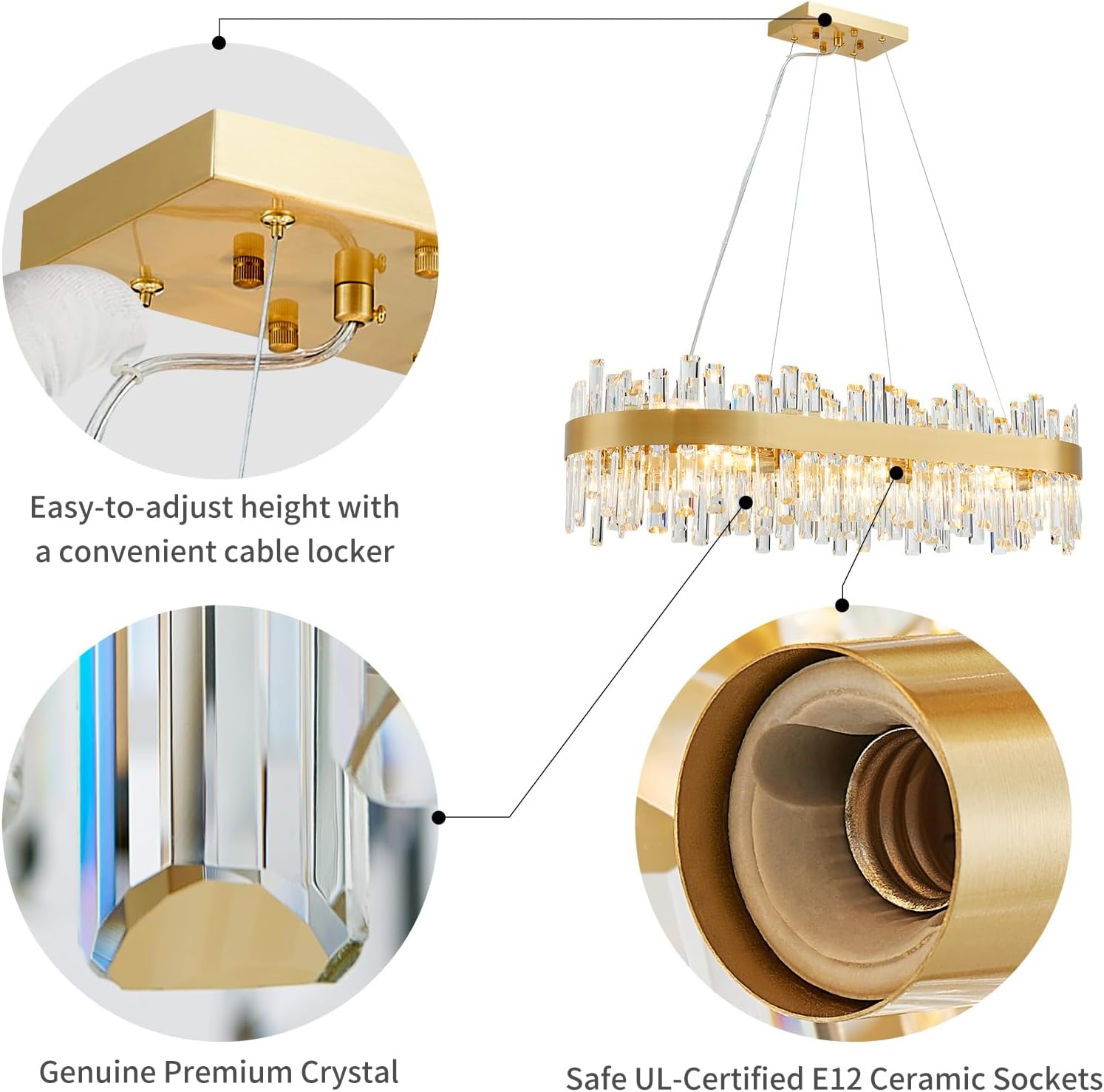 WUZUPS 16-Light Crystal Oval Oval Chandelier Pendant Ceiling Light Modern Lighting Fixture Dangling Rod Design for Bedroom Hallway Bar Kitchen Bathroom, H 9.6" L 35.4" W15.1, E12 Base, Gold