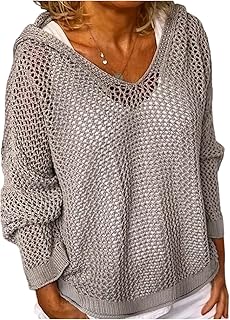Women's Crochet Hollow Out Hooded Sweaters Long Sleeve V Neck Knit Hoodi...