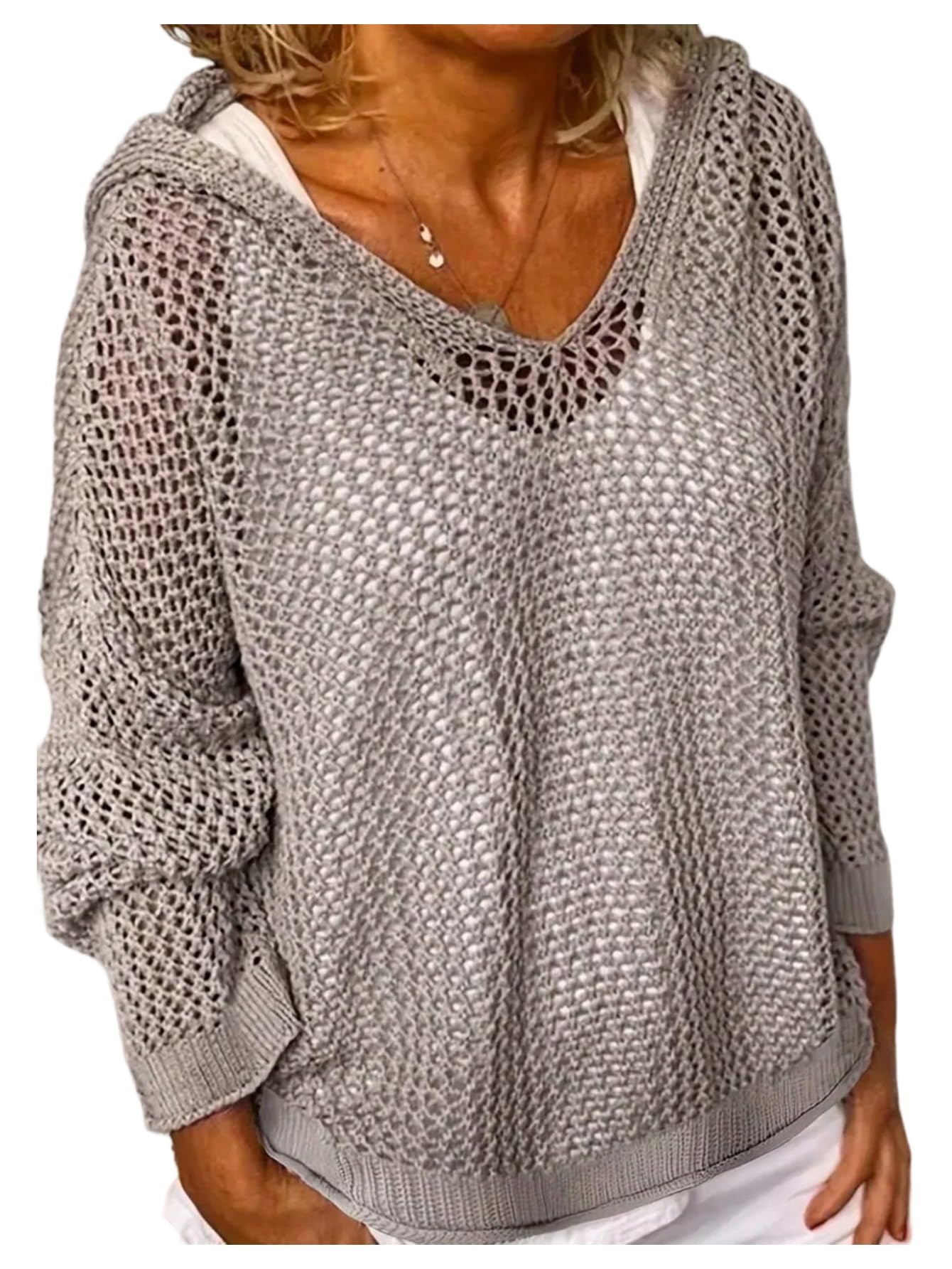 RoseSeek Women's Crochet Hollow Out Hooded Sweaters Long Sleeve V Neck Knit Hoodie Loose Pullover Tops