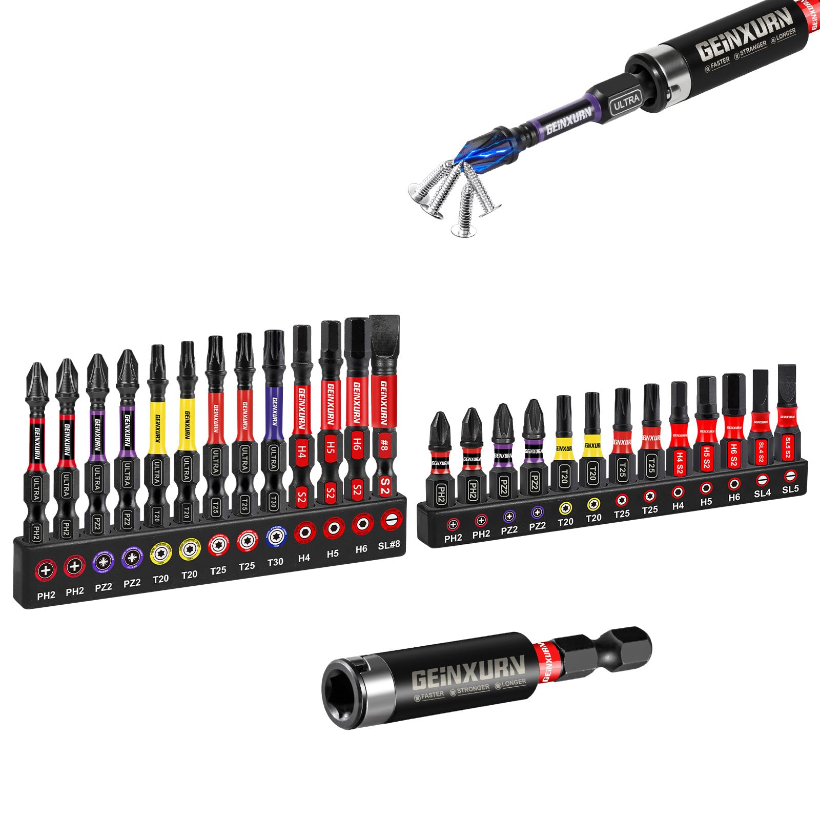 Geinxurn 27pcs Impact Screwdriver Bits Set (Phillipes, Pozidriv, Torx, Hex, Slotted), 25 mm 50 mm Ph Pz Tx Magnetic S2 Steel Cross Driver Bits Set and 1pc Impact Bit Holder with Color Coded Base โ image 1