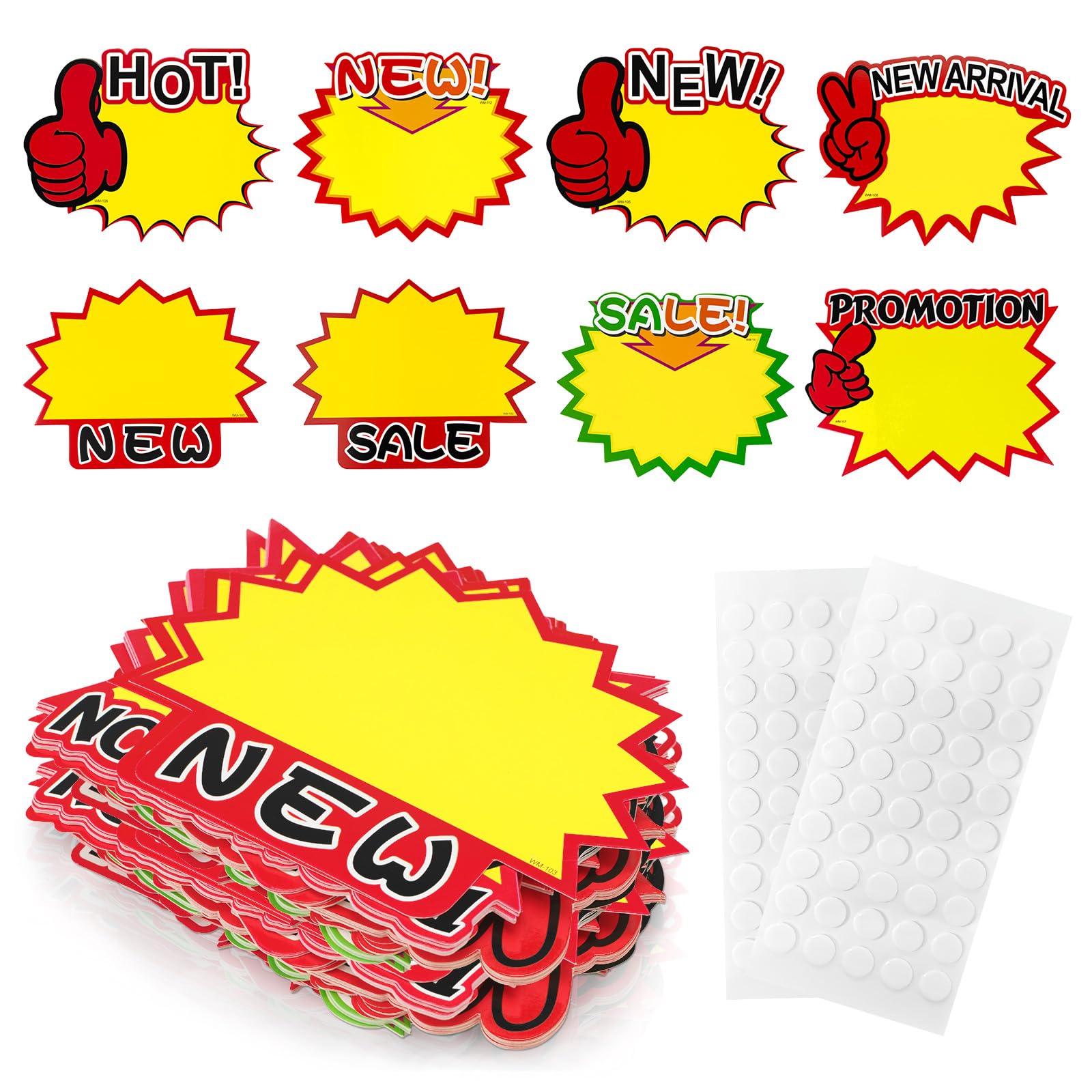 jijAcraft 14x18cm Large Price Tags: 80Pcs Pre-Printed Price Labels for Retail Display, 8 Designs Yellow Stars Pricing Signs with 100 Sticky Dots for Shop, Market Use