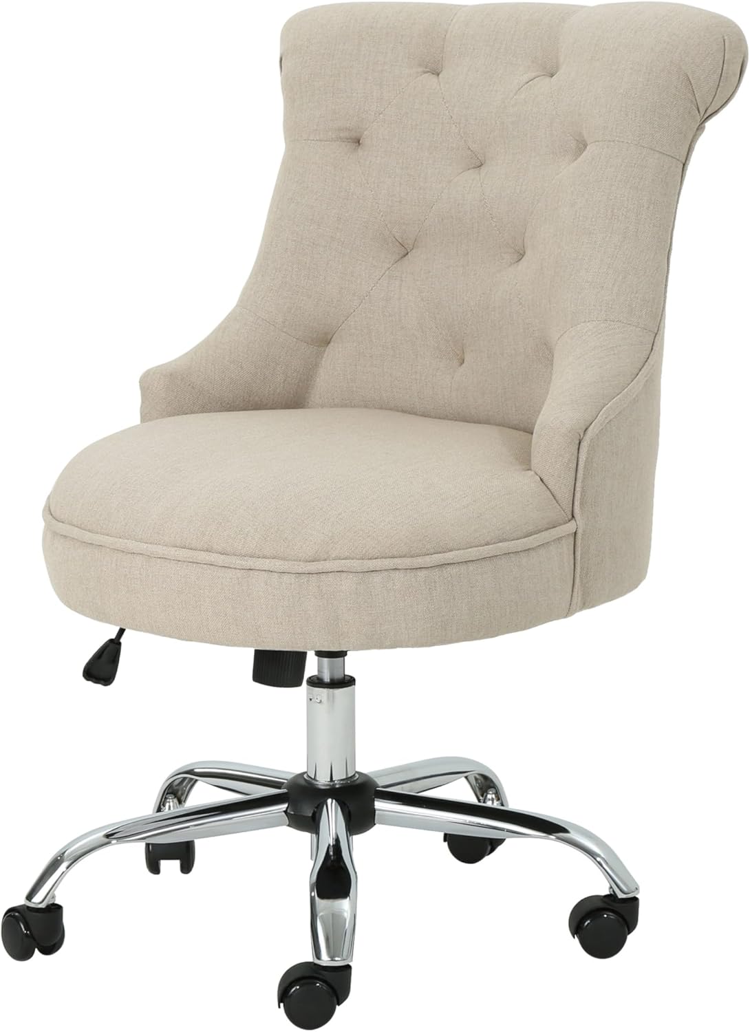Benzara Rashi Swivel Office Chair, Beige, Tufted Back, Wheels, Chrome, Metal and Fabric