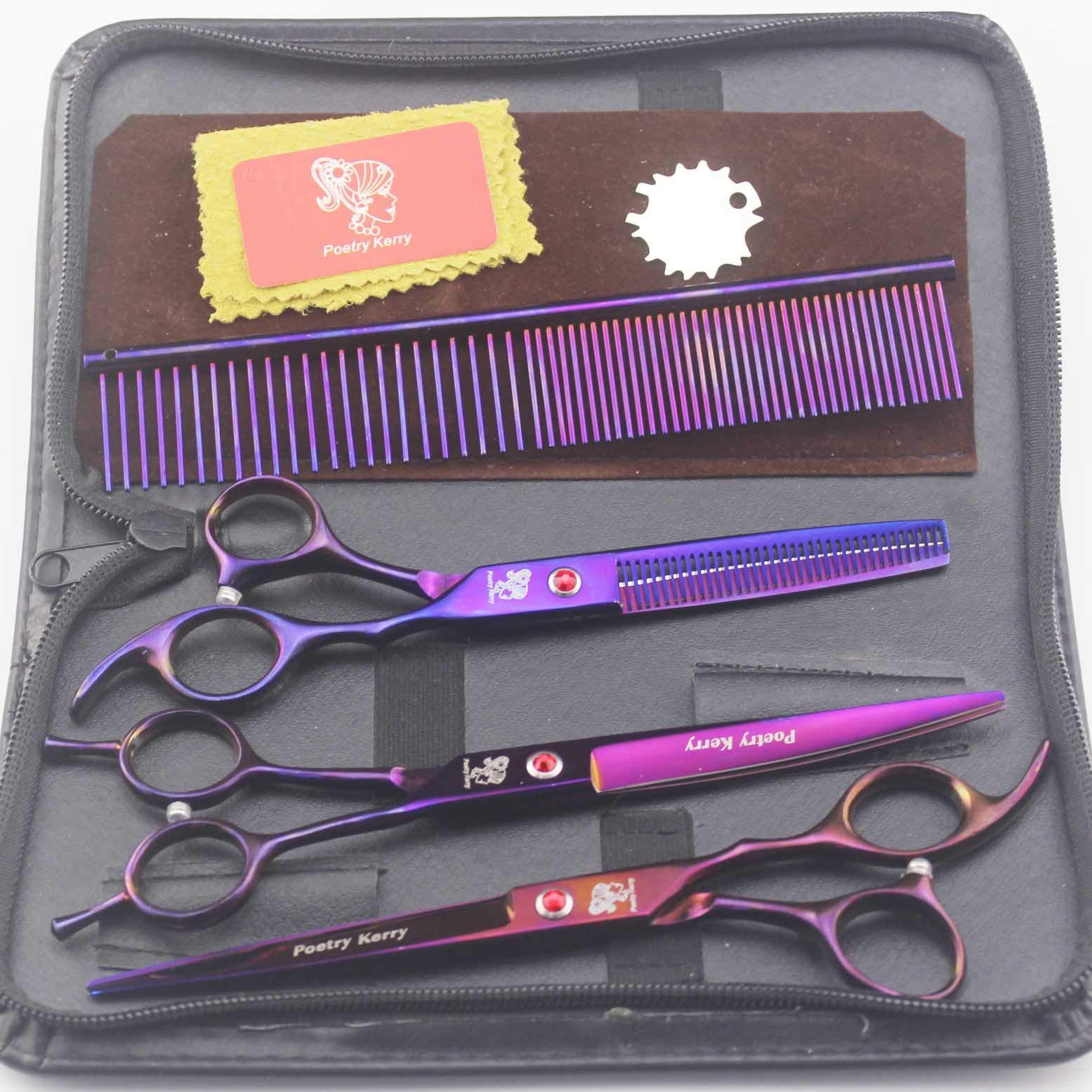 7 inch Professional Pet Dog Grooming Scissors 3 Set,purple plating Stainless Steel Dog Cat Hair Care Thinning Cutting Scissors, Curved Scissors, Grooming Comb(purple)