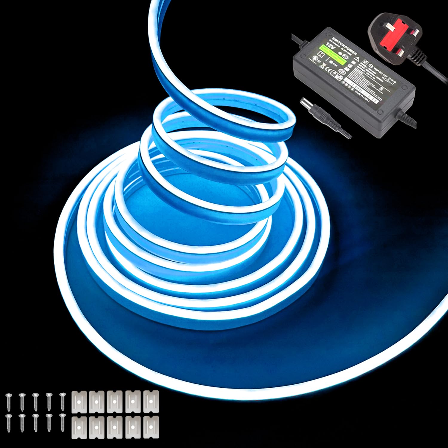 Ice Blue neon LED strip lights – 16.4ft/5m 12V DC flexible rope light with 600 high-density SMD2835 LEDs, featuring IP65 waterproof rating for indoor and outdoor decoration (includes power adapter). — image 1
