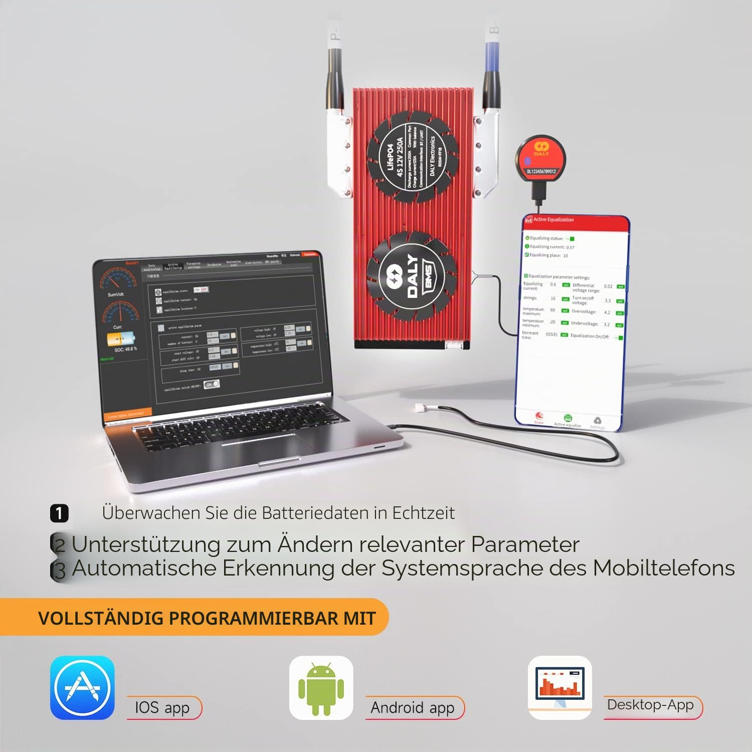 DALY Smart BMS LiFePO4 4S 12V 250A Bluetooth Smart PCB Batterieschutzplatine Batteriemanagementsystem mit Ausgleichskabeln und drahtlosem Bluetooth-Modul für Lithium-Eisen-Phosphat