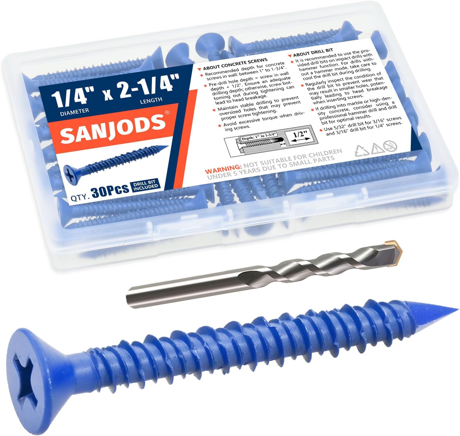 1/4" x 2-1/4" Concrete Screw Anchor, Blue Flat Head Screws for Anchoring to Masonry, Brick, Block, Cement or Stucco (Pack of 30)