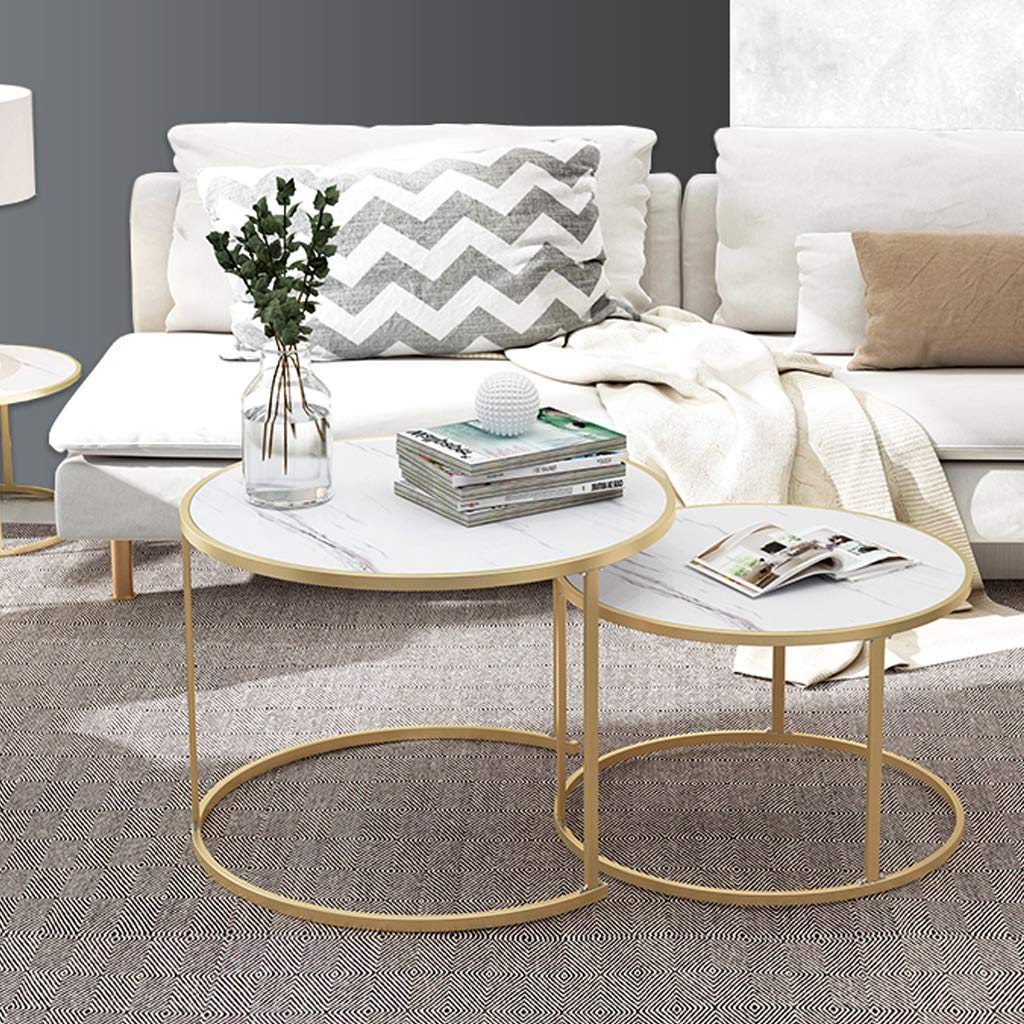 Lot de 2 tables gigognes modernes blanches/dorées avec panneaux à base de bois et base en métal