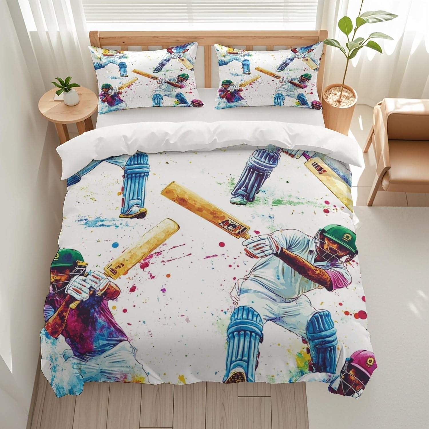Cricket Single Duvet Cover Set Baseball Pattern Bedding Set 3D Print Soft Microfiber Quilt Covers 135x200 cm with Zipper Closure and 2 Pillowcases 50x75 cm for Teens I.2498