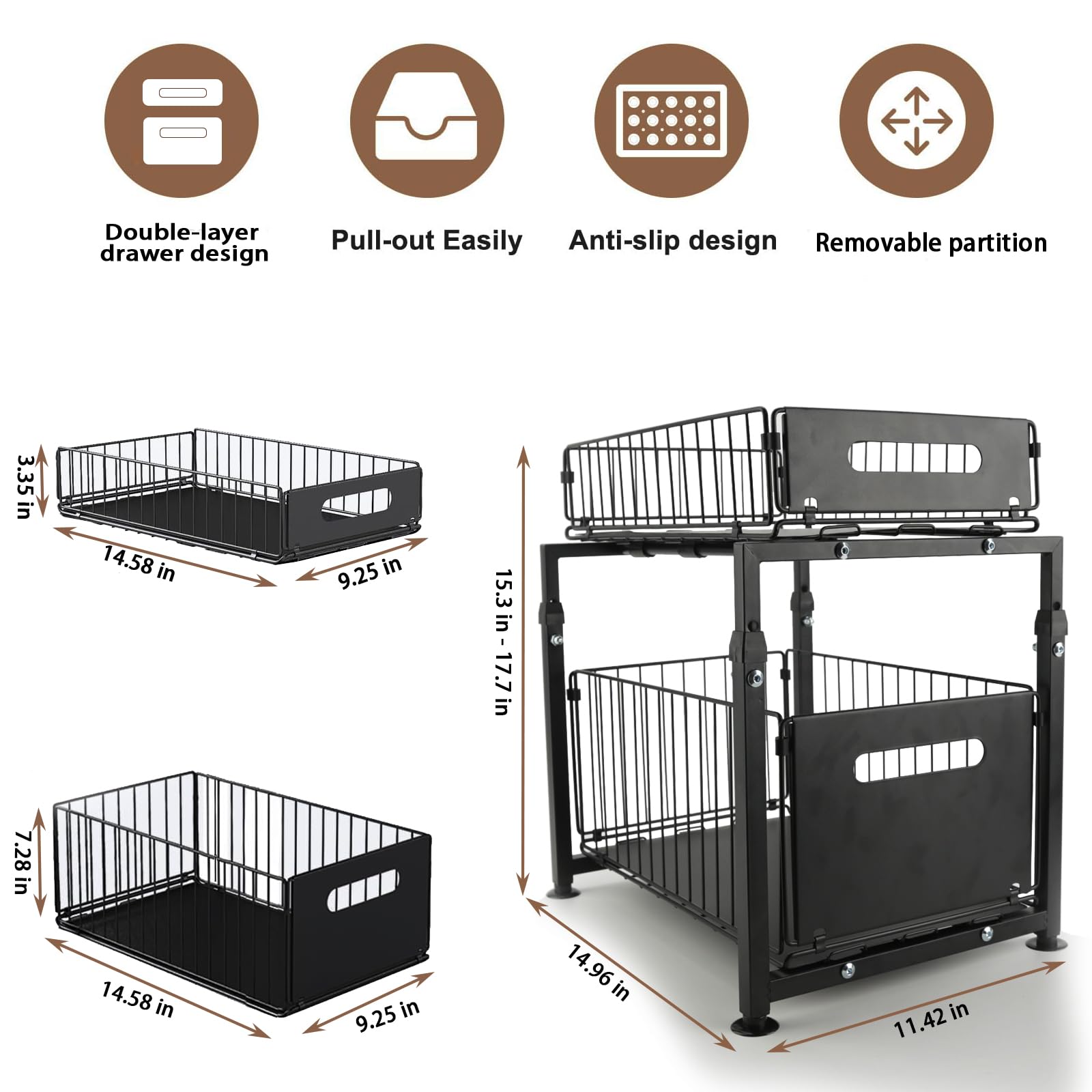 Organizer sotto il lavello a 2 ripiani con cassetto scorrevole estraibile, in metallo resistente, scaffale da cucina regolabile in altezza per bagno, scaffale salvaspazio (nero)