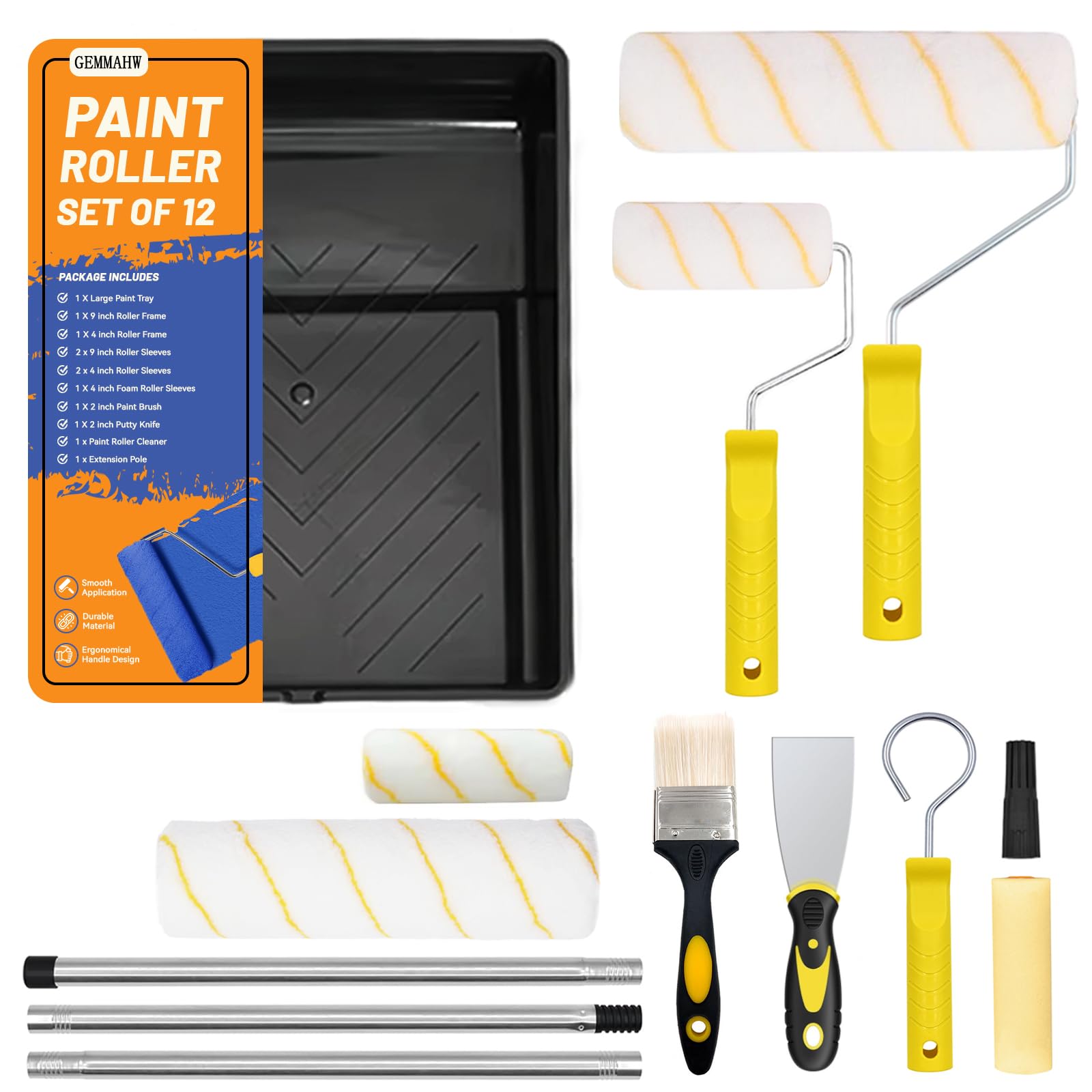Rouleaux à Peinture 12 Pièces Rouleau Kit, Comprend Rouleaux et Plateaux, Rouleau de 9 inch avec Rallonge, Pinceau, Ensembles de Rouleaux pour Peindre les Murs, les Bordures et les Plafonds