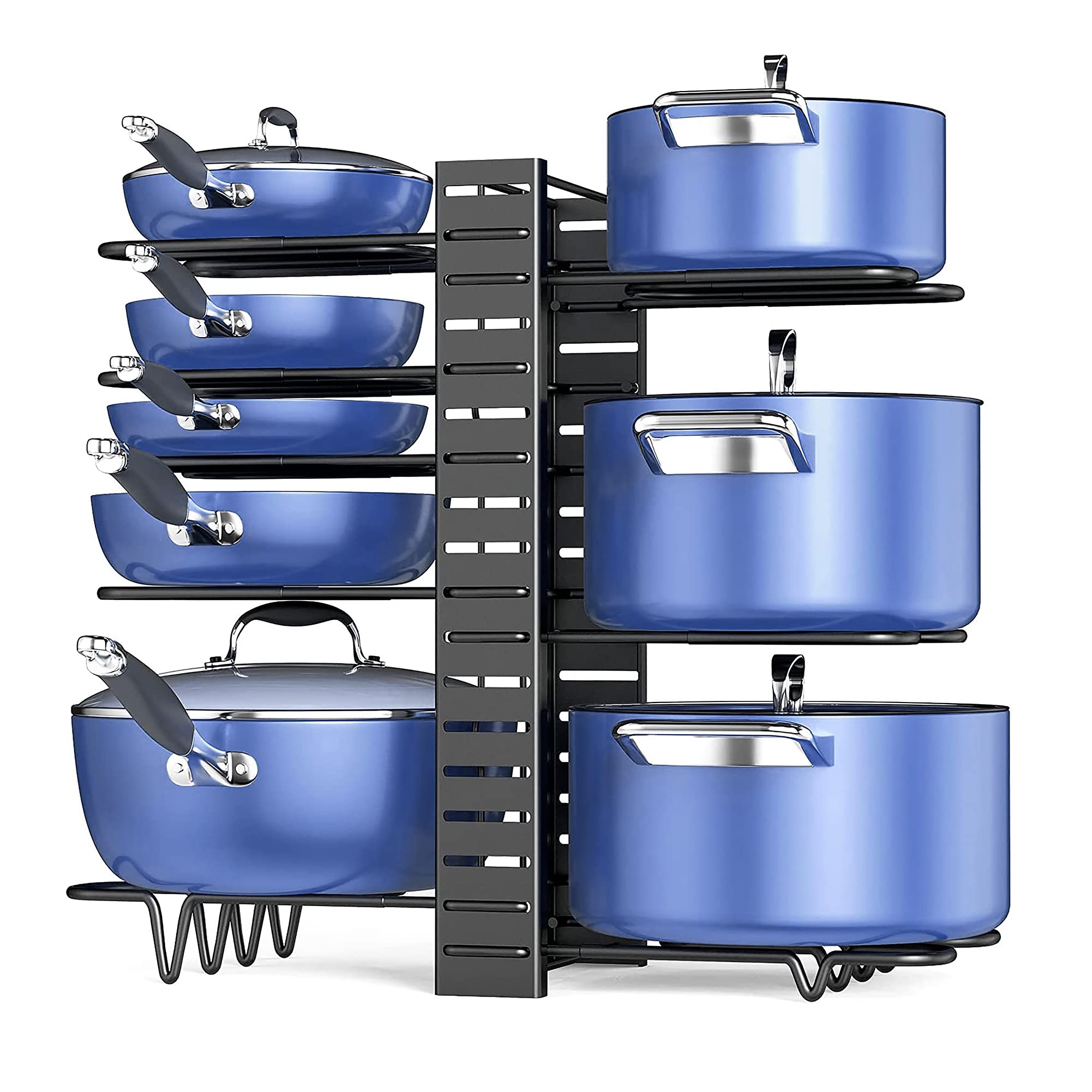 MOMENTA Pan Rack Organizer-8 Tiers Adjustable Pot and Pan Organizer for Cabinet with 3DIY Methods-Heavy Duty Pot Organizer –Pot Holder Rack-Pan Rack for Kitchen