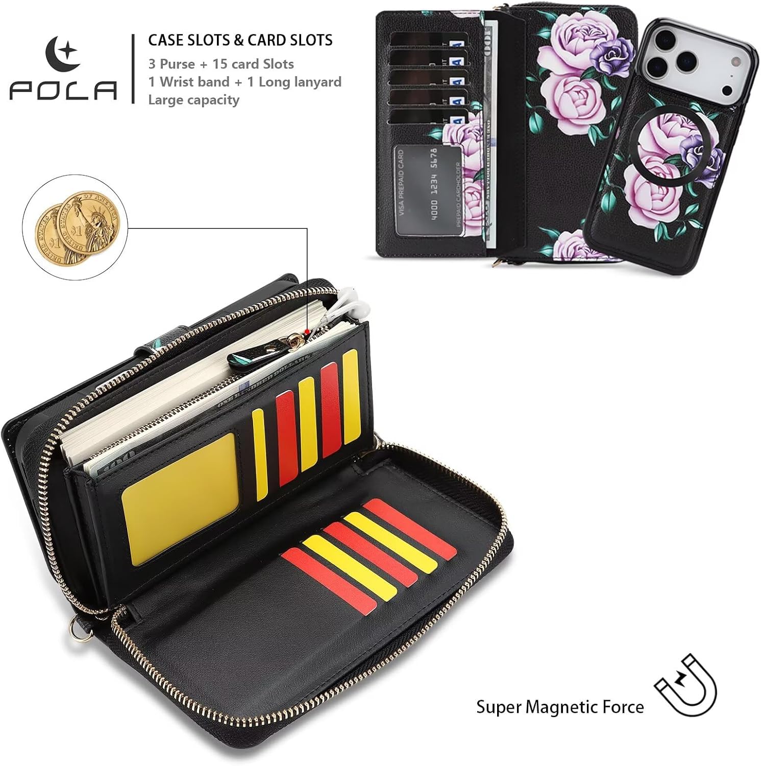 for iPhone 17 Pro Max Wallet Phone Case, Removable Leather Flip Magnetic Crossbody Purse with Card Holder, RFID Blocking, Wristband, Lanyard Strap, Rose Pattern Cover for Women Girls Black - Image 6