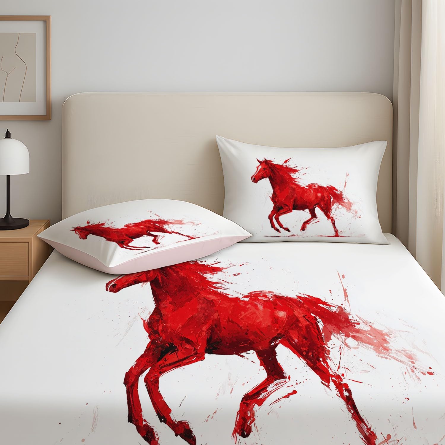 Sábana Bajera 200 x 200 x 30 cm 3 Piezas + 2 Fundas 50 x 75 cm, Microfibra Cepillada Ajustable de Bolsillo Profundo, Suave Delicada para la Piel, Rojo, Animal Corriendo Caballo