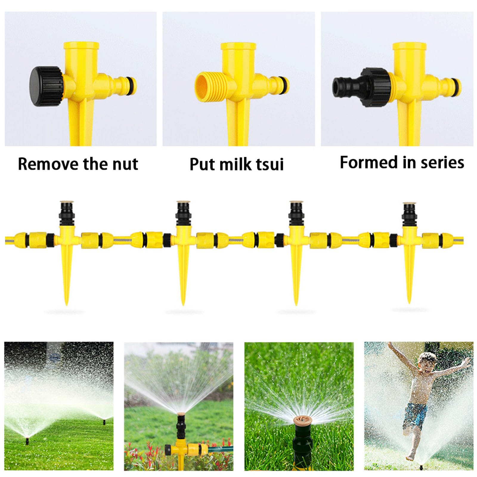 Système d'arrosage automatique rotatif à 360 ° pour jardin, pelouse, terrasse, arroseur réglable avec tuyau de 15,2 m et 5 connecteurs rapides (lot de 4)