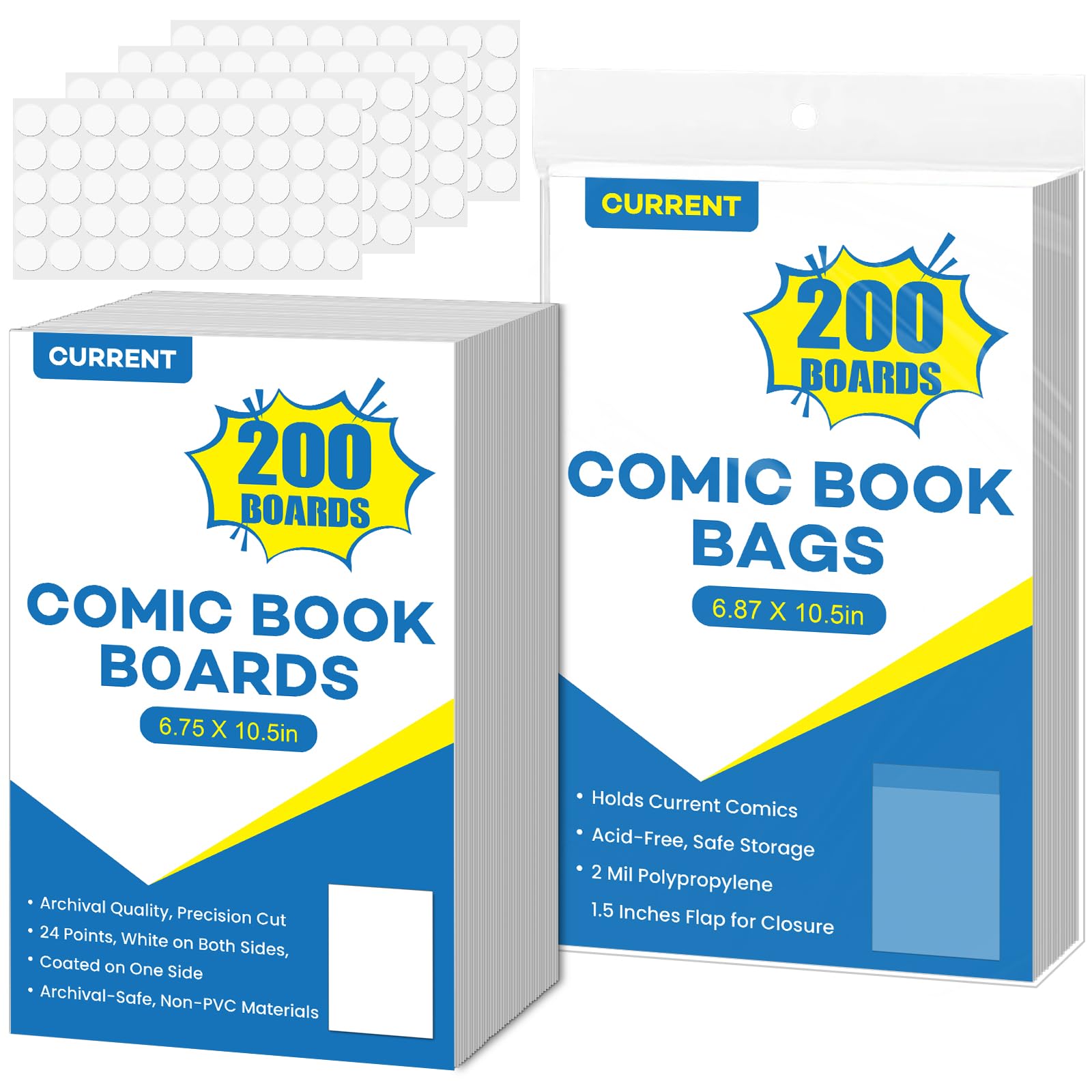 200 Pack Current Comic Book Bags and Boards, 6.87" x 10.5" Acid-Free Comic Book Sleeves, Clear Protector Sleeves for Comics (200 Comic Book Bags+200 Comic Book Boards)