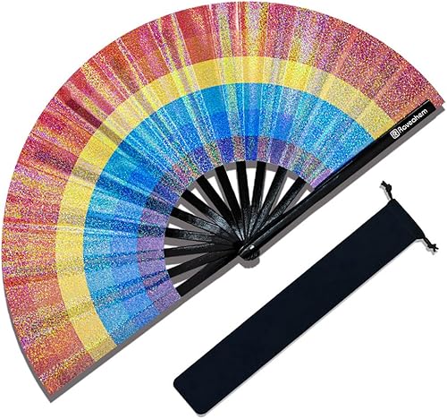 Miniatura 11 de Ventilador grande para rave, ventilador de mano plegable Clack con tela de primera calidad, marco de bambú grueso para hombres y mujeres, regalo