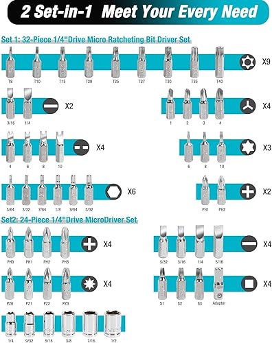 Miniatura 2 de DURATECH Juego de 56 piezas de llave de trinquete de 1/4 de pulgada y juego de puntas de destornillador, juego de trinquete rechoncho, trinquetes de