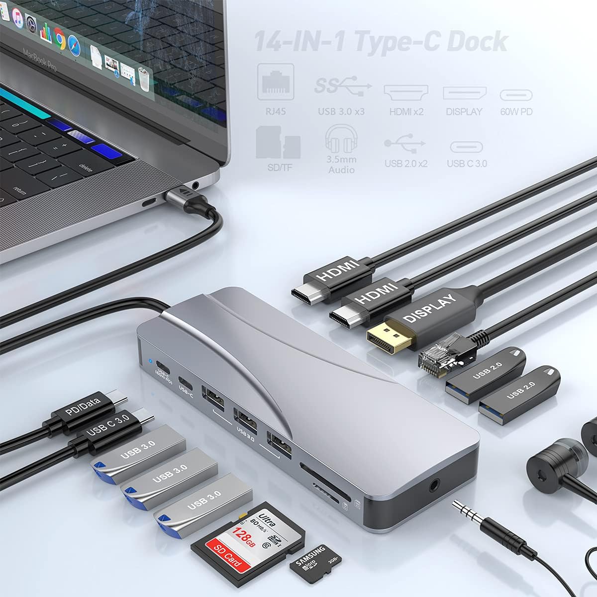 Quadruple Display USB C Docking Station (2*HDMI+DP), 14 in 1 USB C Hub Compatible for macOS&Windows, USB C Dock(2 * 4KHDMI,DP,PD3.0,USB-C,Ethernet,Audio,SD/TF Card Reader,5*USB Ports)