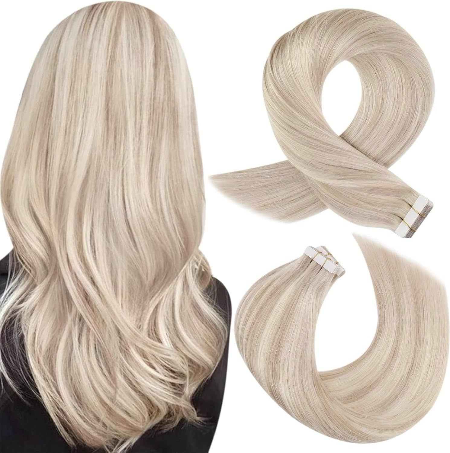 Moresoo Invisible Tape Extensions Echthaar Aschblond Remy Echthaar Extensions Tape Aschblond mit Platinblond Extensions Tape in Echthaar Haarverlängerungen Dicke 35 cm #P18/613 20 Stück/40g