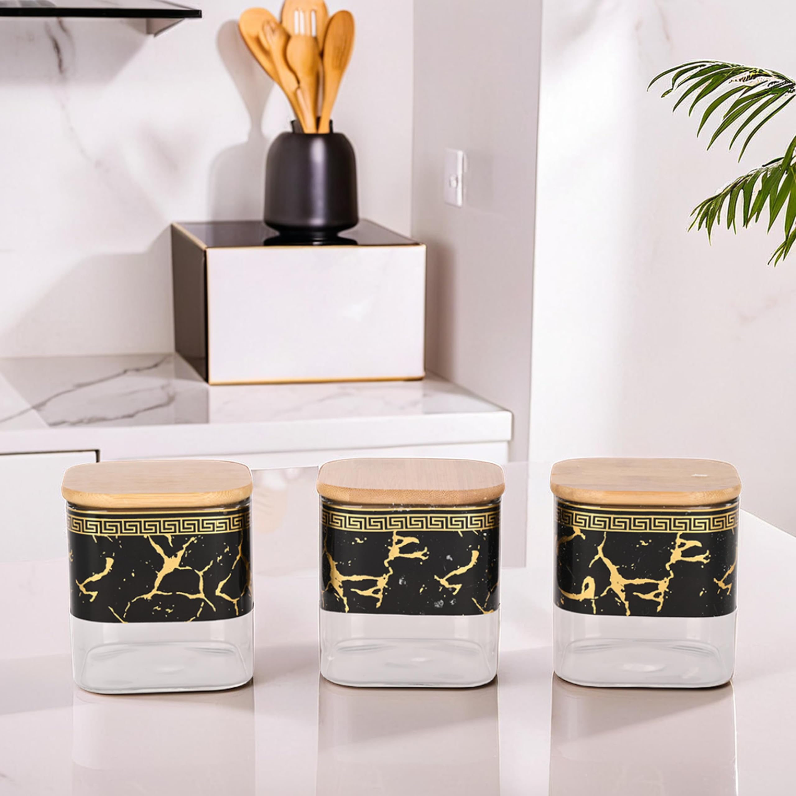 Kuber Industries Set of 3 (400ml) Borosilicate Glass Jars for Kitchen With Bamboo Lid | Air Tight Masala Container & Daba Set for Dry Fruit & Spices | Black-Transparent