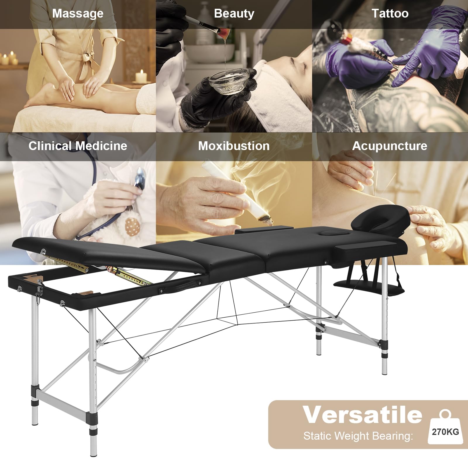 Lettino per Estetista Regolabile a 3 Zone, Lettino da Massaggio Portatile, Lettino Pieghevole per Fisioterapia, con Poggiatesta, Braccioli, Poggiabraccia, Custodia, Telaio in Alluminio, Nero
