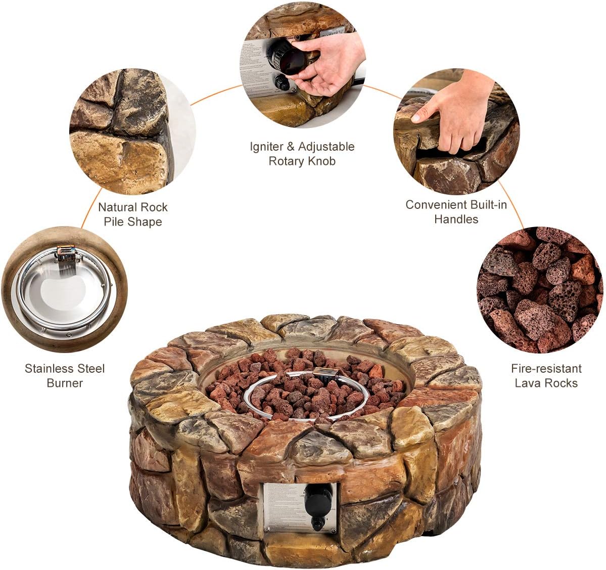 Giantex Gas Fire Pit, 28 Inch 40,000 BTU Propane Fire Pit Outdoor w/Natural Stone, Cover, ETL Certification, Stainless-Steel Gas Burner w/Electronic Ignition Lava Rock (Brown)