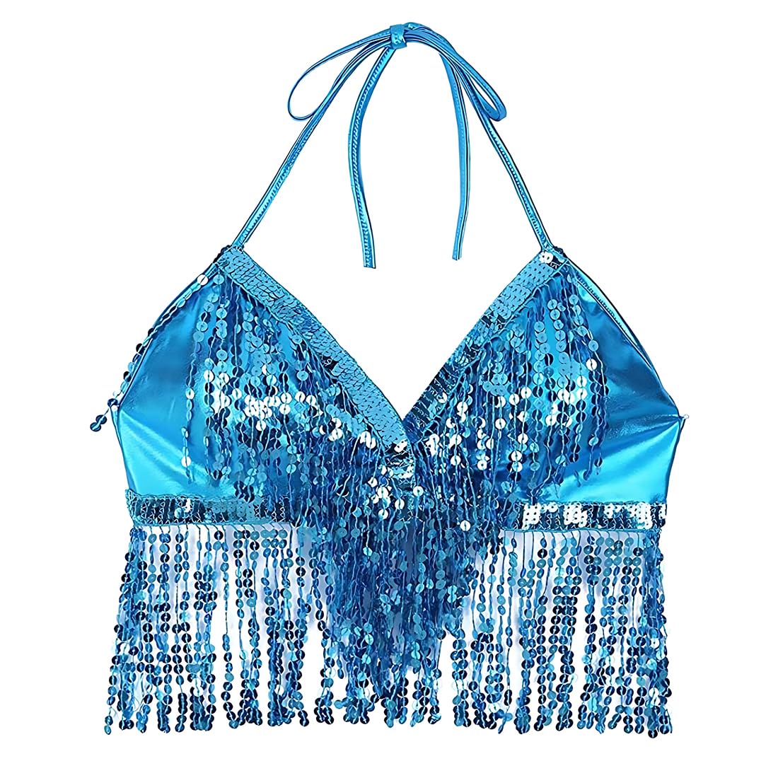 Tops de danza para mujer,Top halter de lentejuelas para danza del vientre, top de lentejuelas, top con flecos boho, sujetador sin espalda (turquesa)